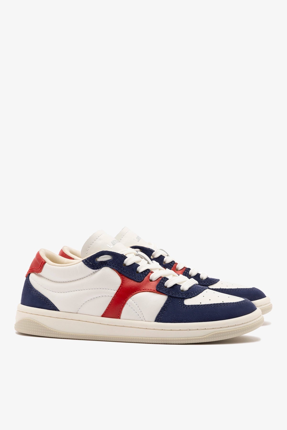 Larroude George Sneaker In White and Blood Red Leather and Navy Suede