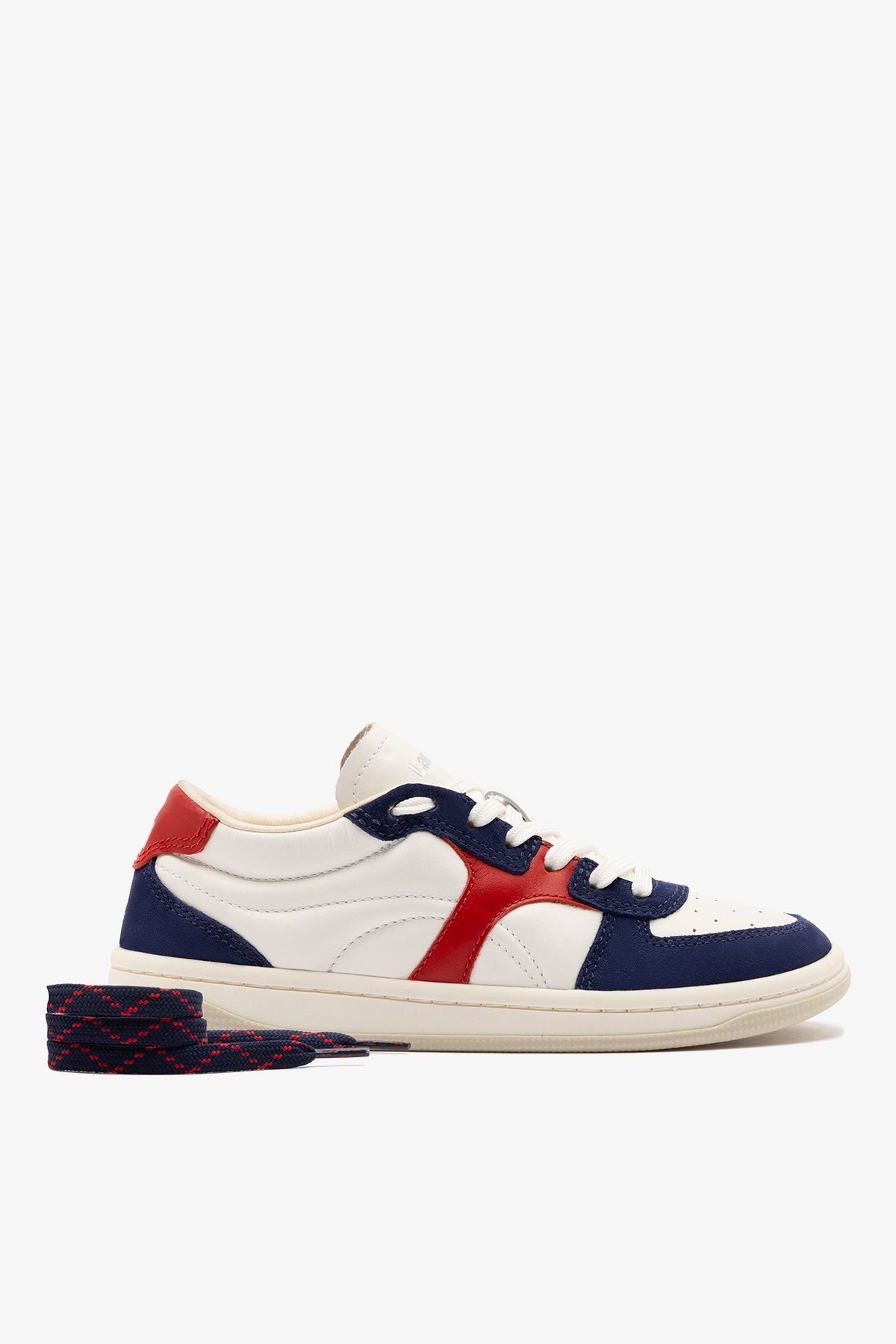 Larroude George Sneaker In White and Blood Red Leather and Navy Suede