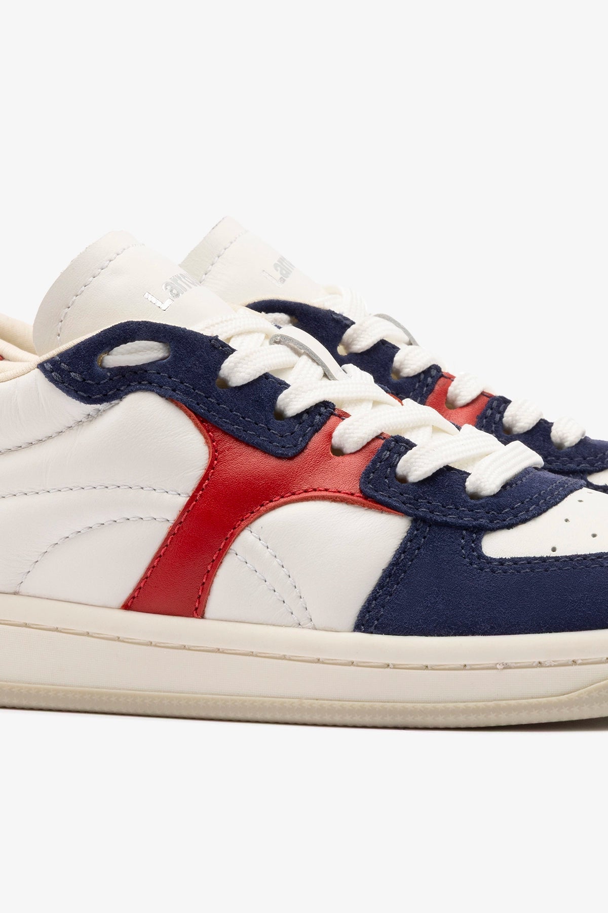 Larroude George Sneaker In White and Blood Red Leather and Navy Suede