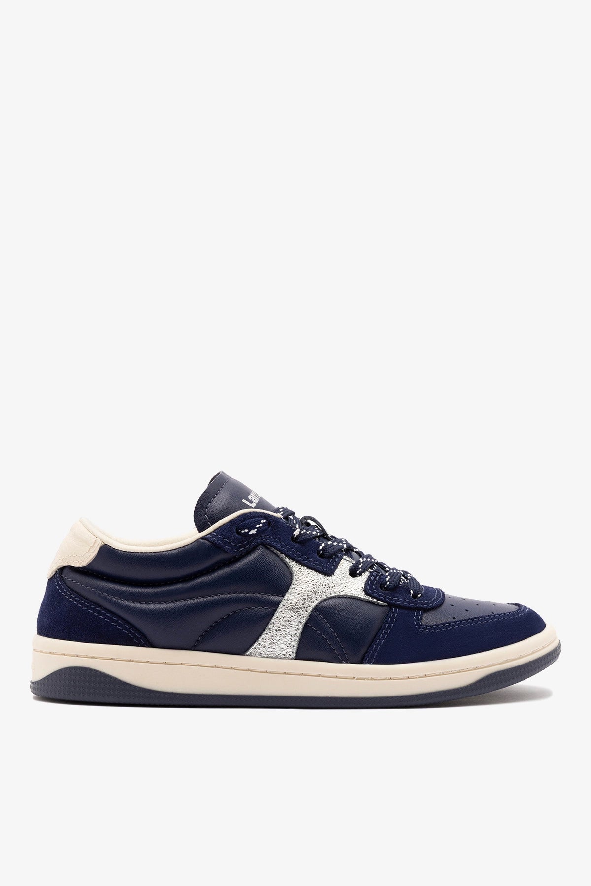 Larroude George Sneaker In Navy Suede and Silver Sparkle Leather
