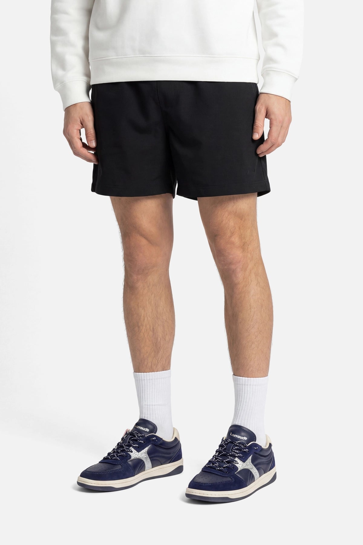 Larroude George Sneaker In Navy Suede and Silver Sparkle Leather
