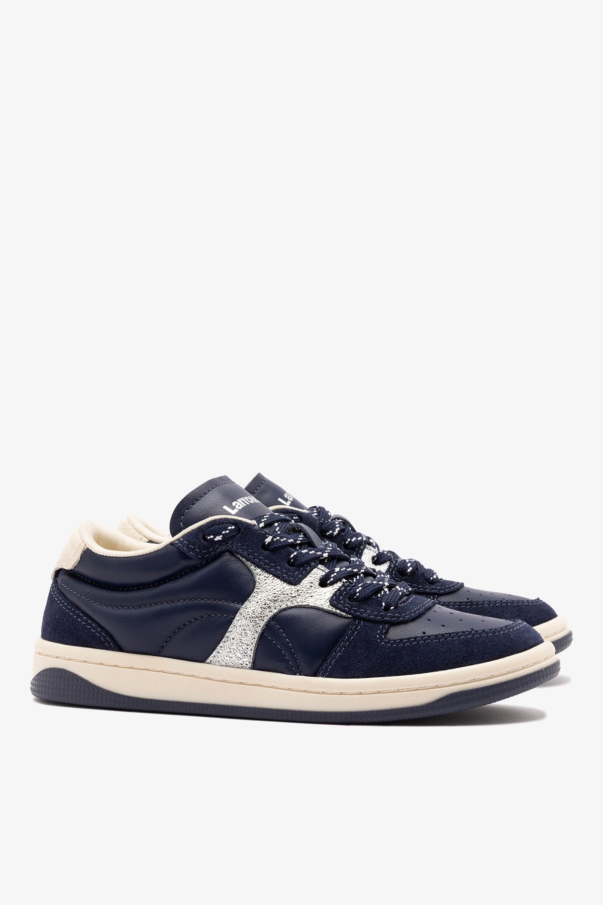 Larroude George Sneaker In Navy Suede and Silver Sparkle Leather