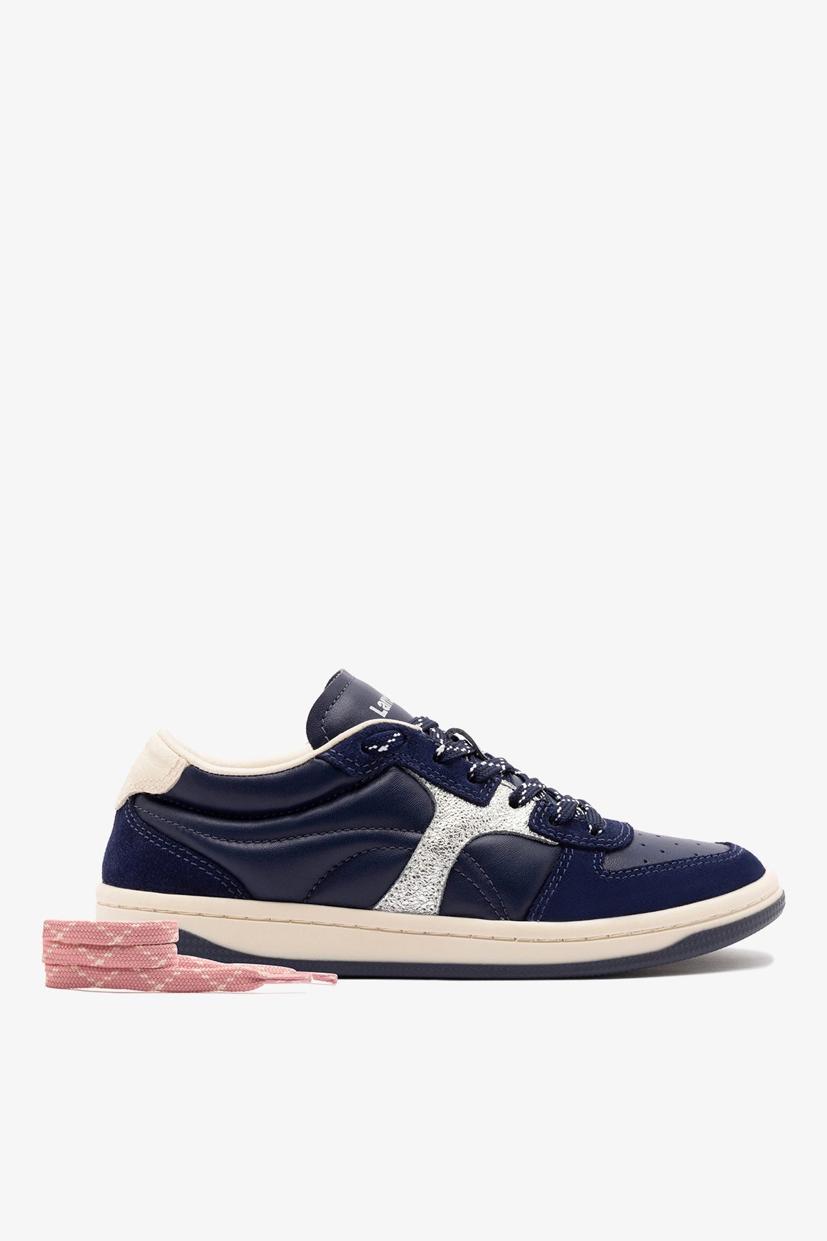 Larroude George Sneaker In Navy Suede and Silver Sparkle Leather