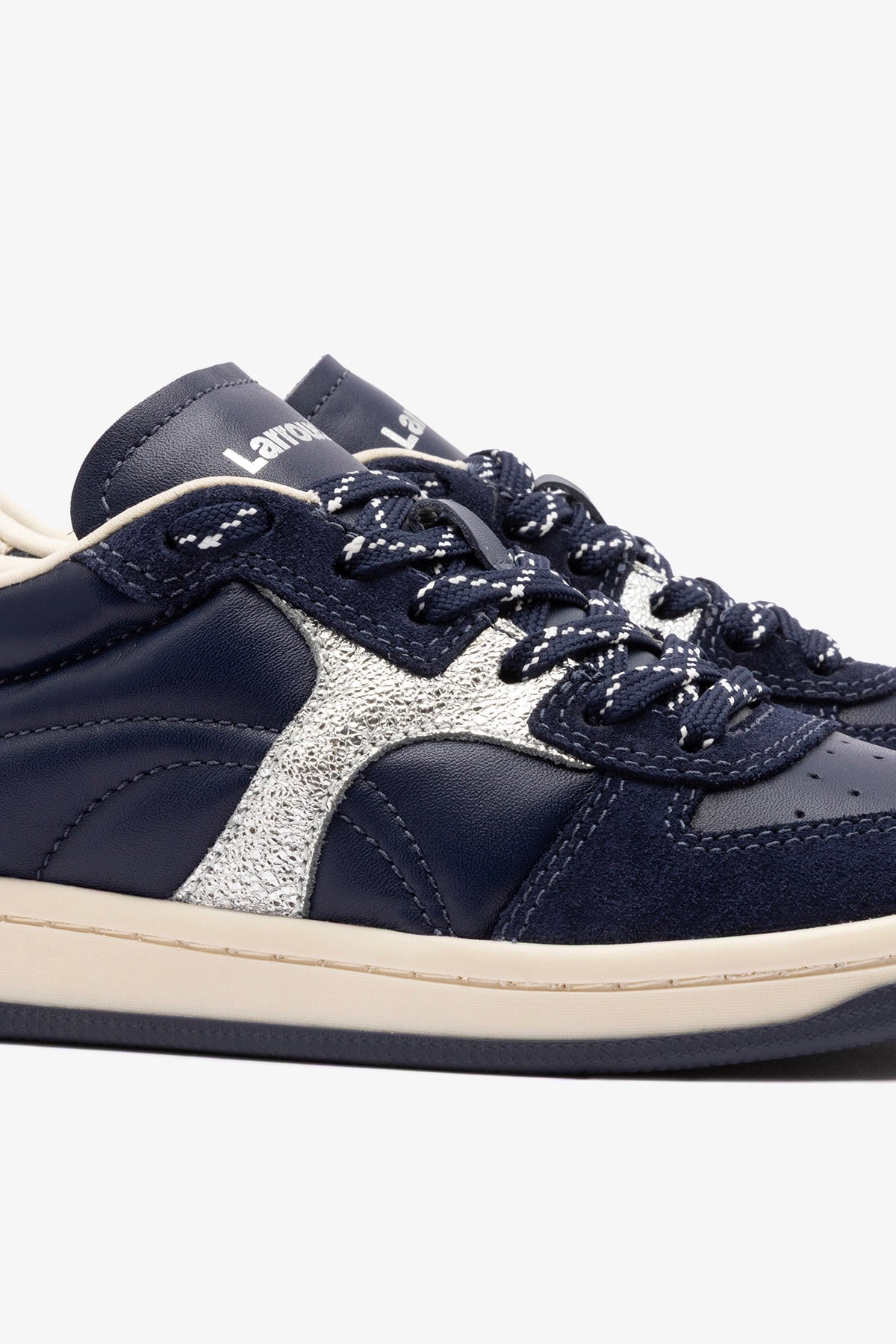Larroude George Sneaker In Navy Suede and Silver Sparkle Leather
