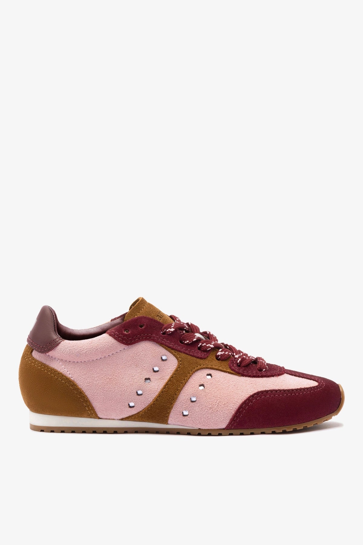 Larroude Stella Sneaker In Tulip, Russet and Wine Suede and Silver Metallic Leather