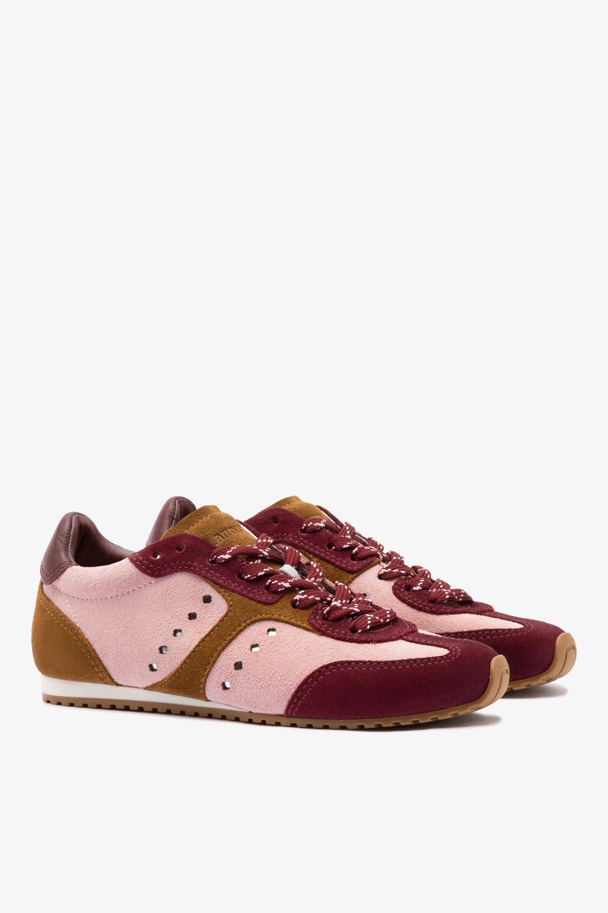 Larroude Stella Sneaker In Tulip, Russet and Wine Suede and Silver Metallic Leather