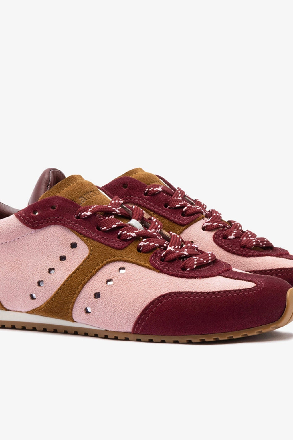 Larroude Stella Sneaker In Tulip, Russet and Wine Suede and Silver Metallic Leather