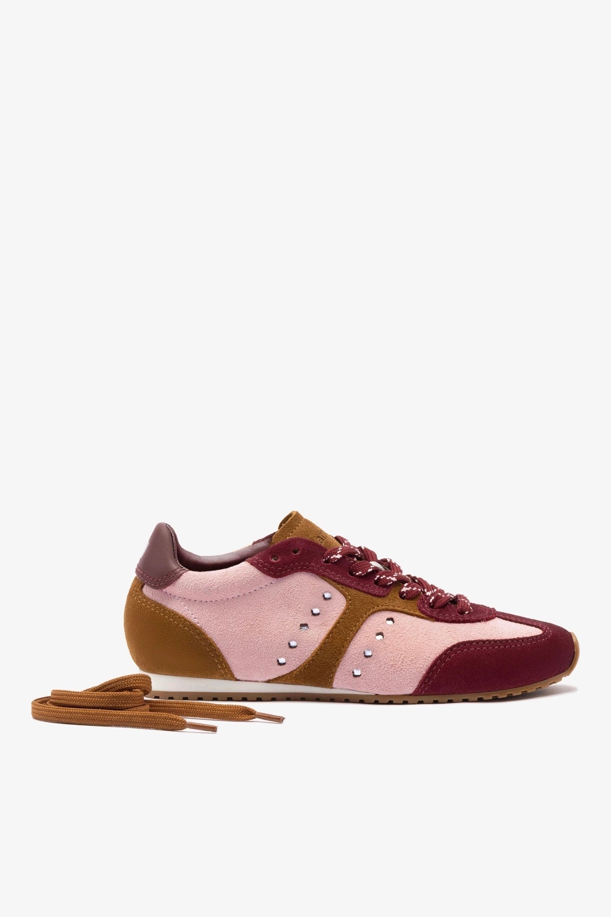 Larroude Stella Sneaker In Tulip, Russet and Wine Suede and Silver Metallic Leather