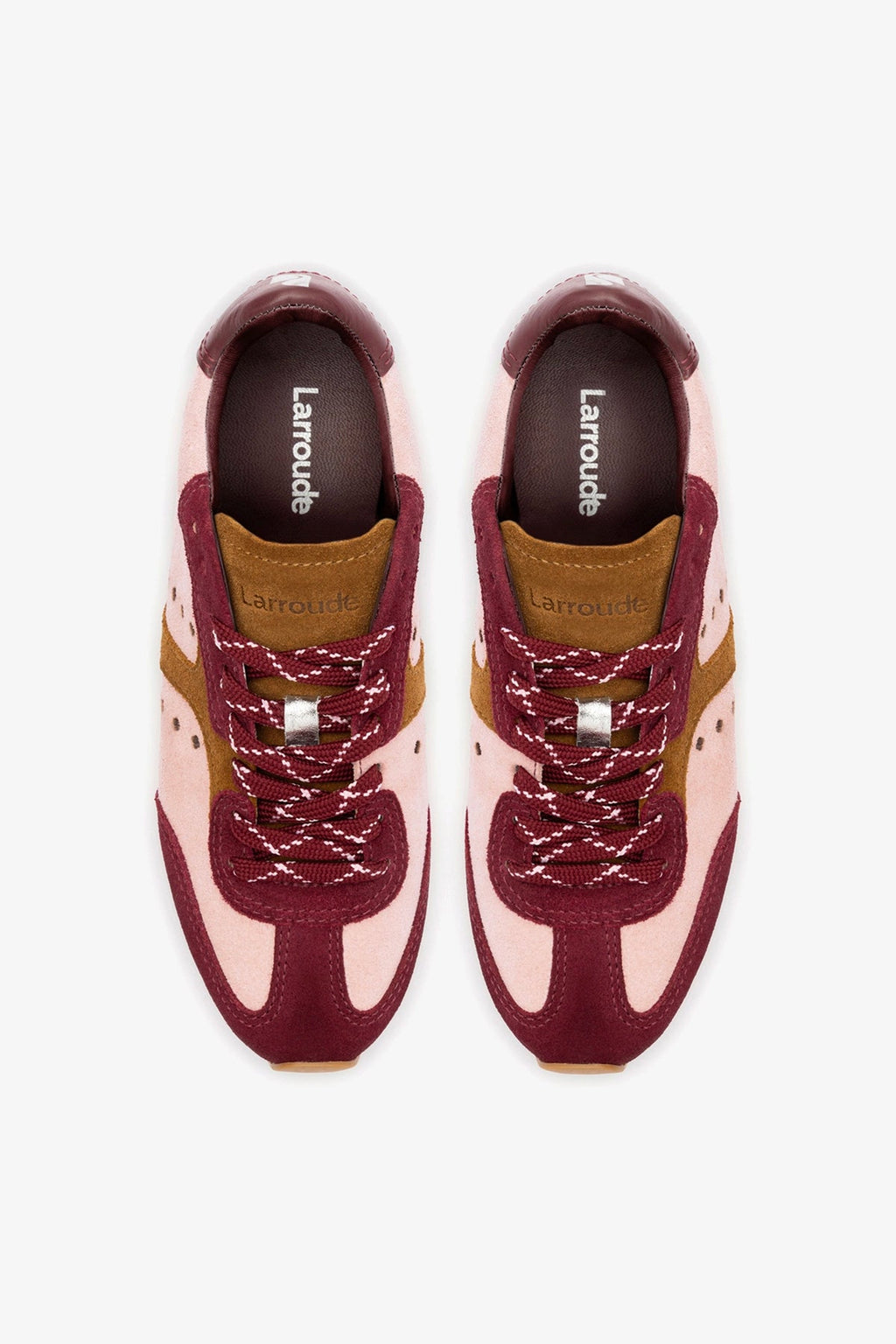Larroude Stella Sneaker In Tulip, Russet and Wine Suede and Silver Metallic Leather