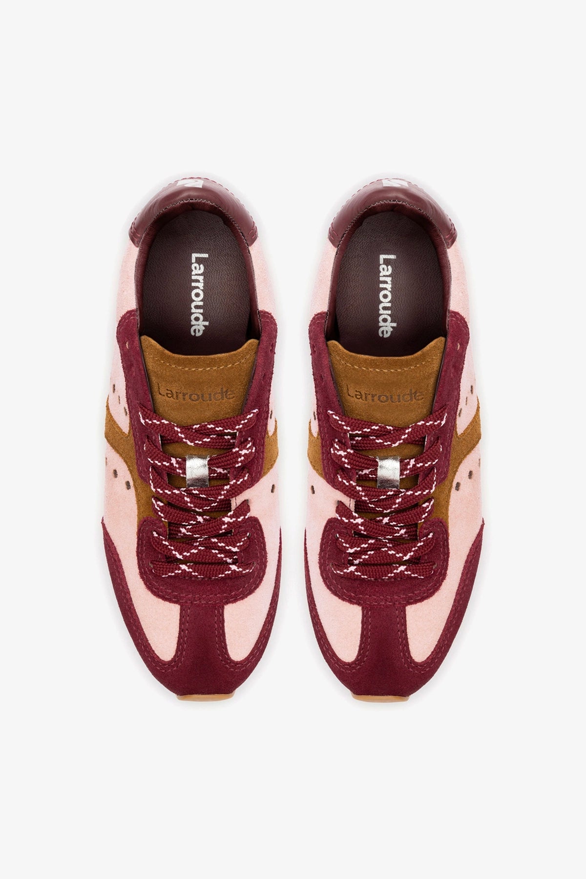Larroude Stella Sneaker In Tulip, Russet and Wine Suede and Silver Metallic Leather