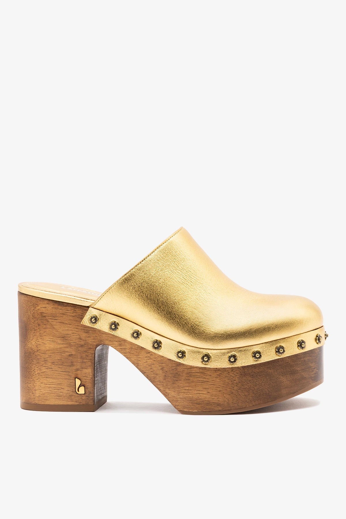 Larroude Miso Wooden Platform Clog Gold Leather