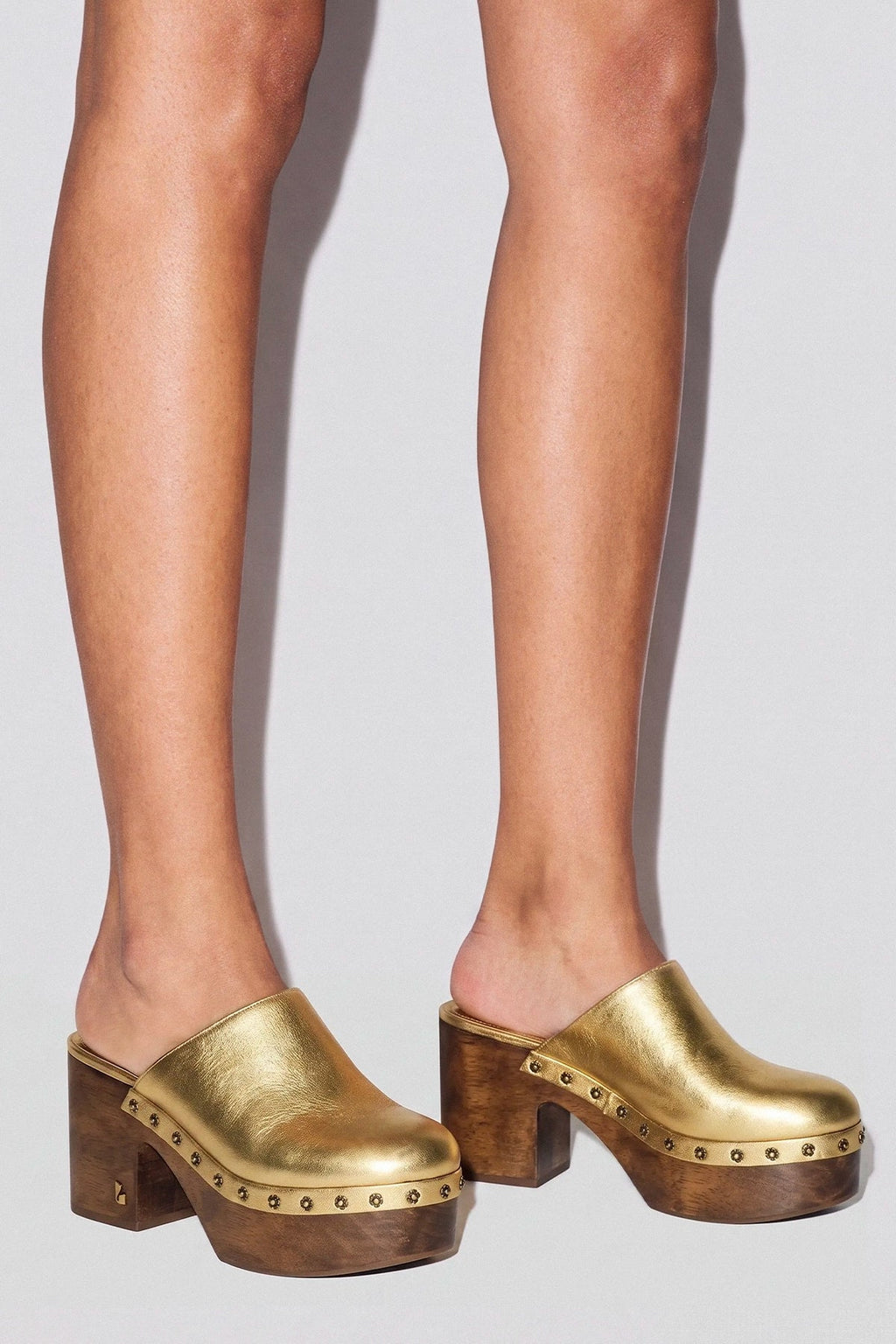 Larroude Miso Wooden Platform Clog Gold Leather