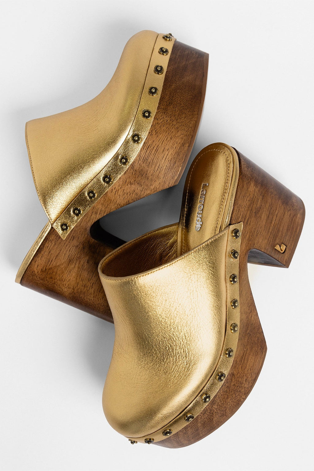 Larroude Miso Wooden Platform Clog Gold Leather