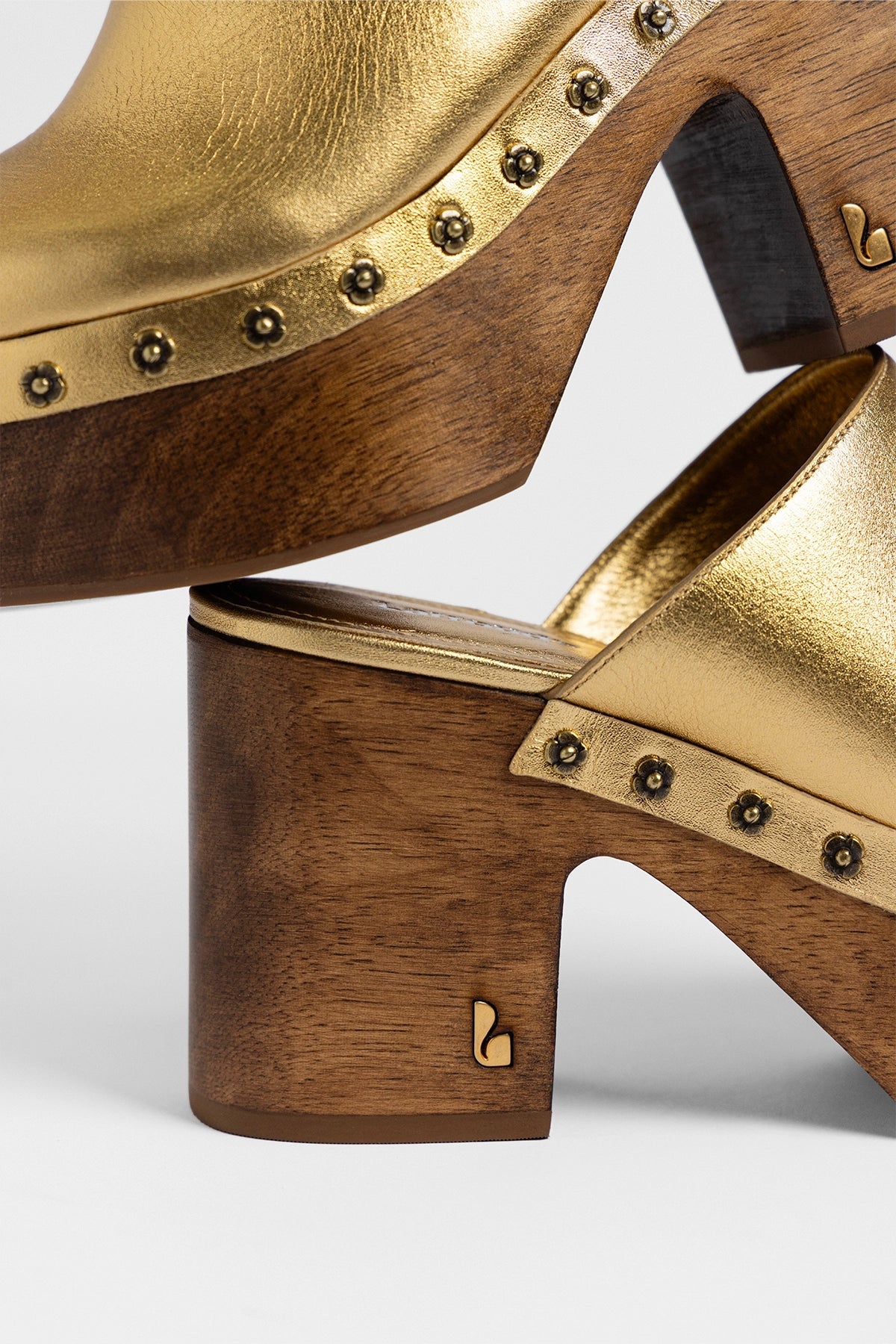 Larroude Miso Wooden Platform Clog Gold Leather