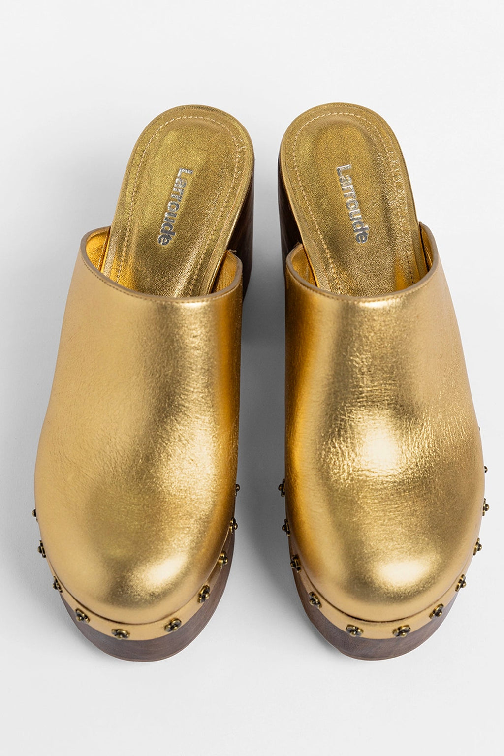 Larroude Miso Wooden Platform Clog Gold Leather