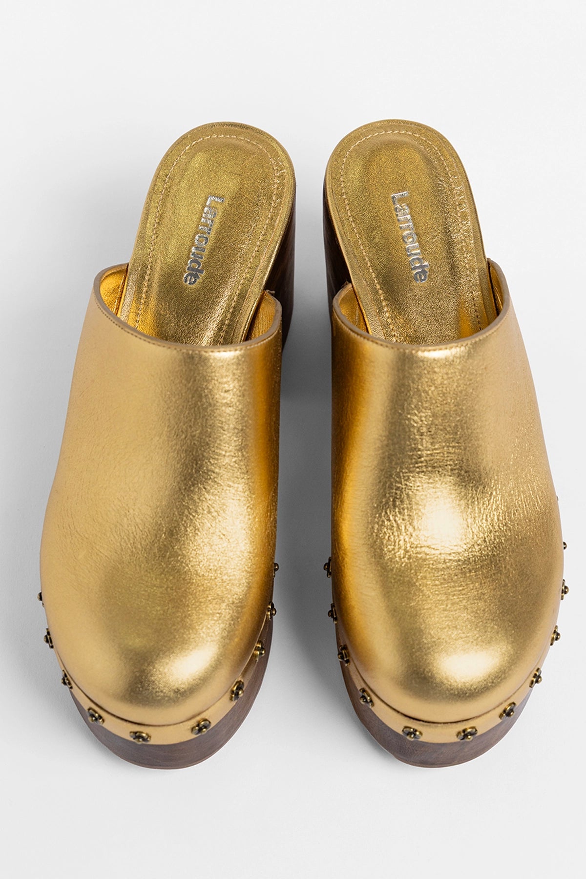 Larroude Miso Wooden Platform Clog Gold Leather