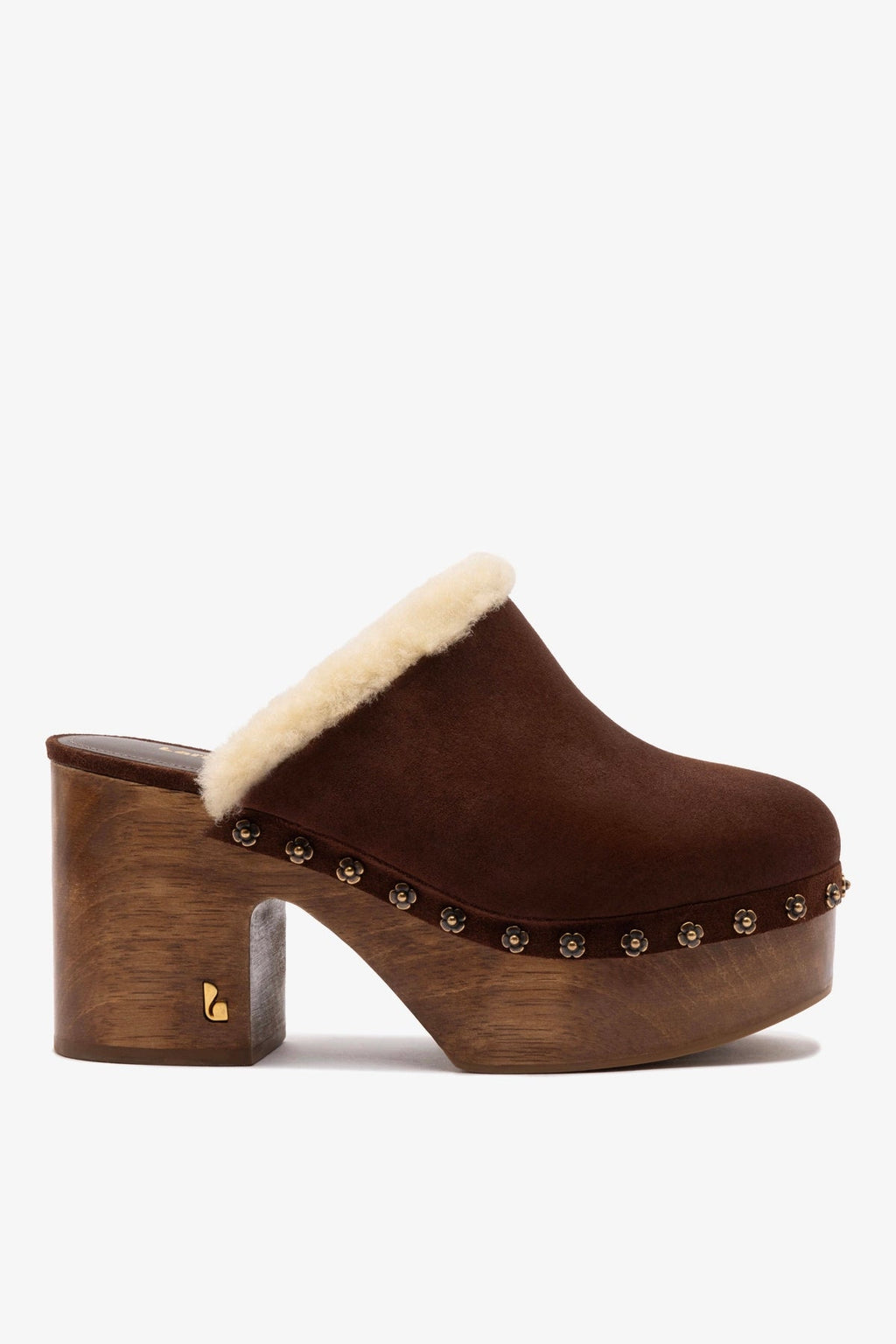 Larroude Miso Wooden Platform Clog In Brown Suede And Natural Shearling