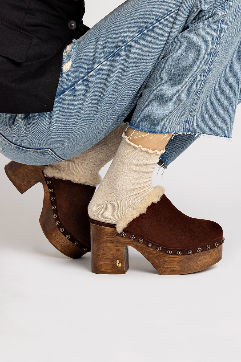 Larroude Miso Wooden Platform Clog In Brown Suede And Natural Shearling