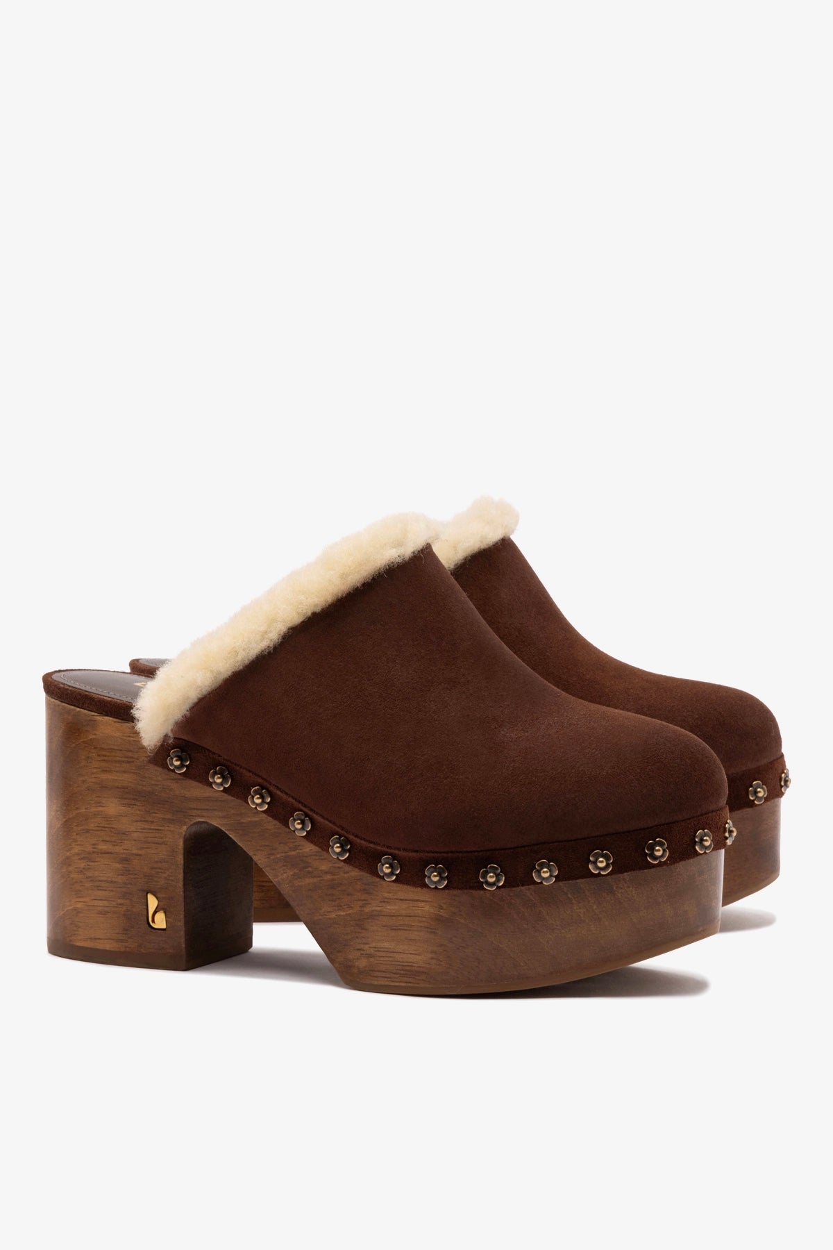 Larroude Miso Wooden Platform Clog In Brown Suede And Natural Shearling