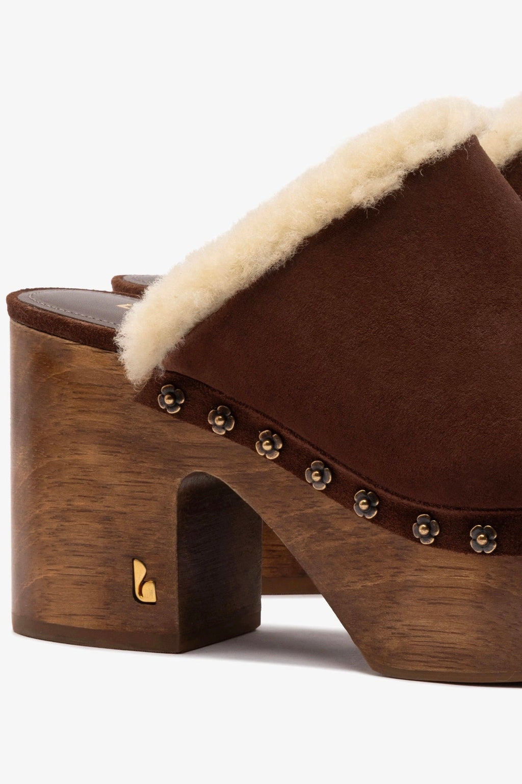 Larroude Miso Wooden Platform Clog In Brown Suede And Natural Shearling