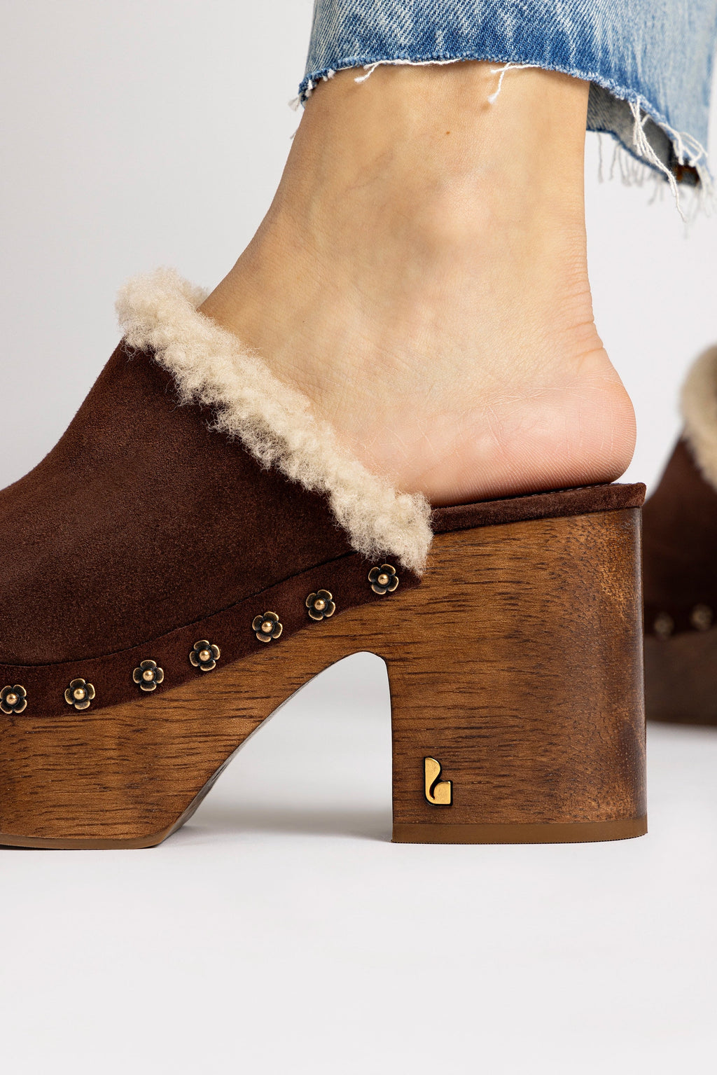 Larroude Miso Wooden Platform Clog In Brown Suede And Natural Shearling
