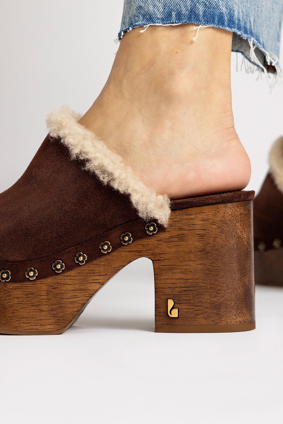 Larroude Miso Wooden Platform Clog In Brown Suede And Natural Shearling