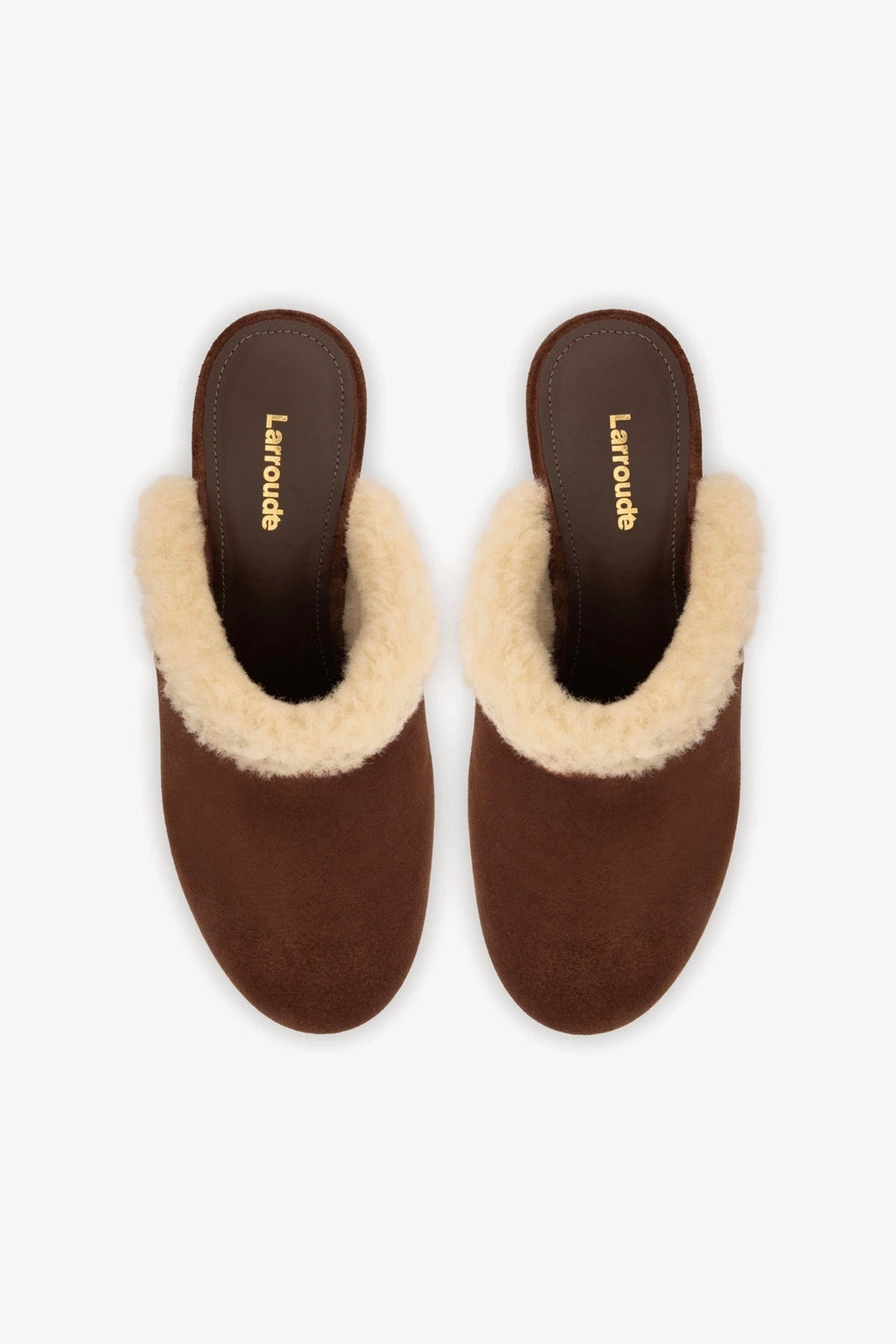 Larroude Miso Wooden Platform Clog In Brown Suede And Natural Shearling
