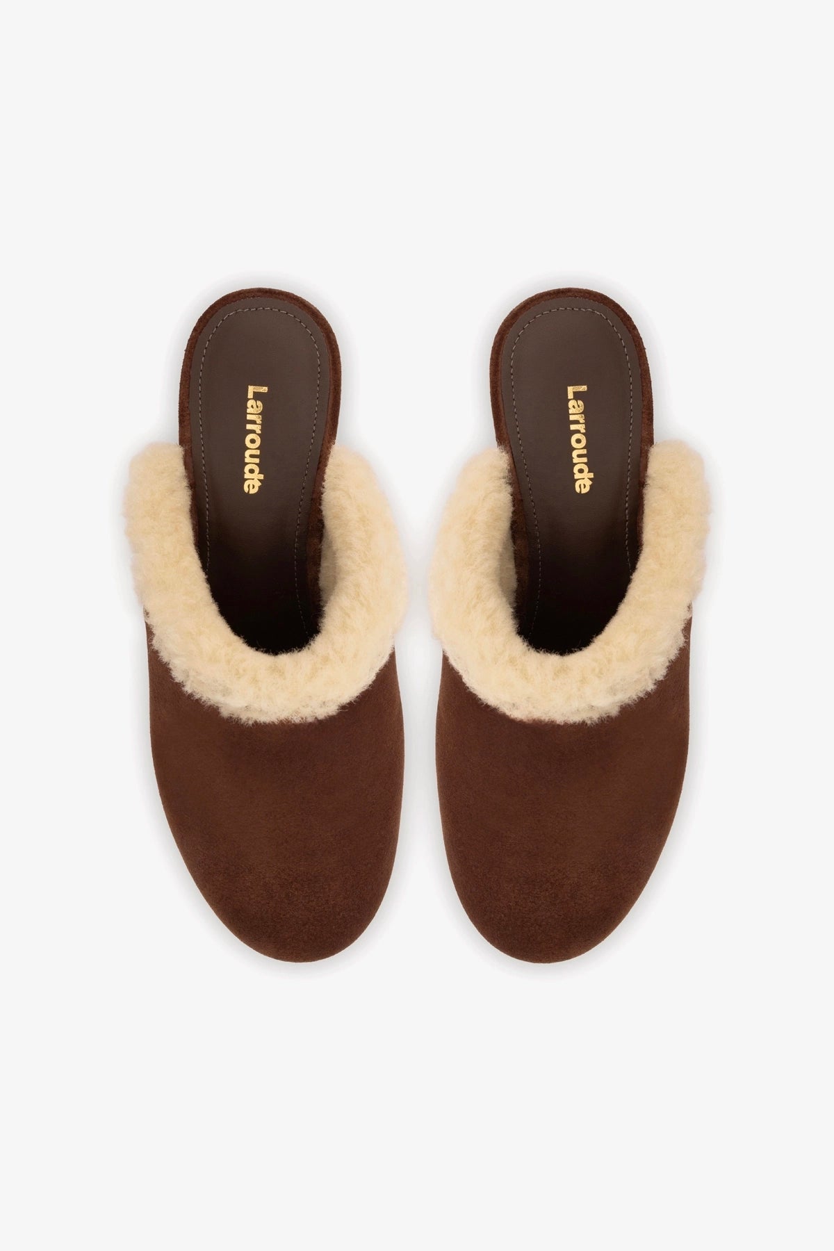 Larroude Miso Wooden Platform Clog In Brown Suede And Natural Shearling