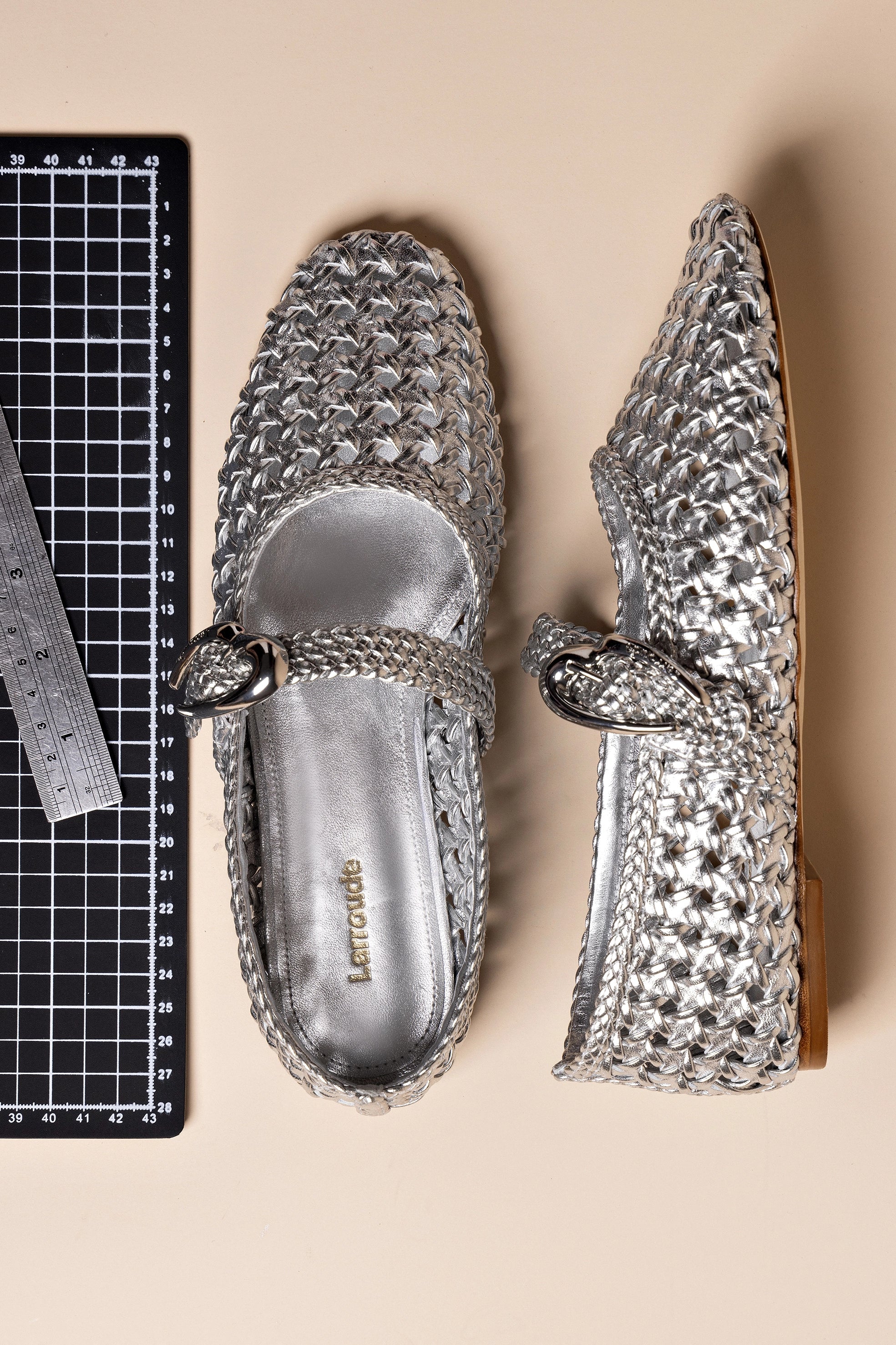 Larroude Verona Macrame Ballet Flat In Silver Metallic Leather