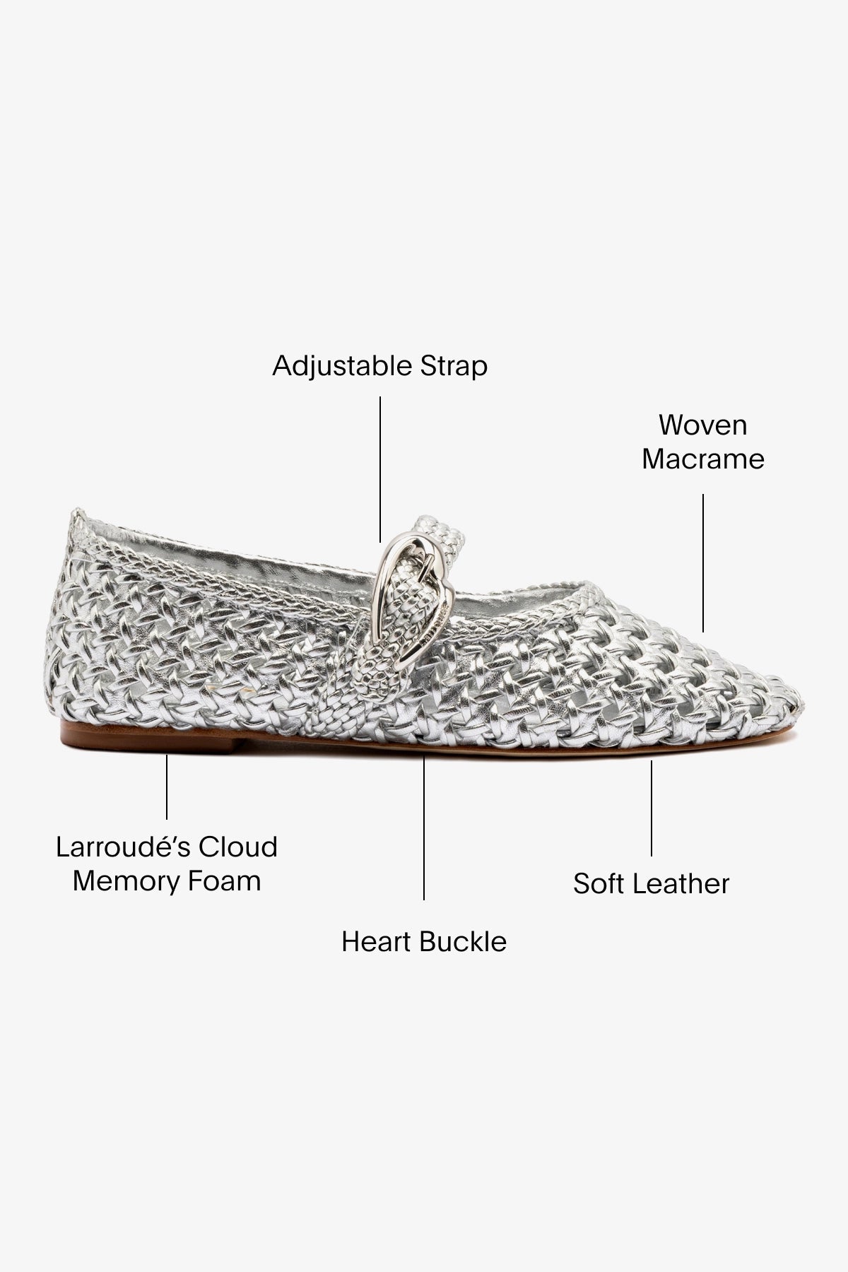Larroude Verona Macrame Ballet Flat In Silver Metallic Leather
