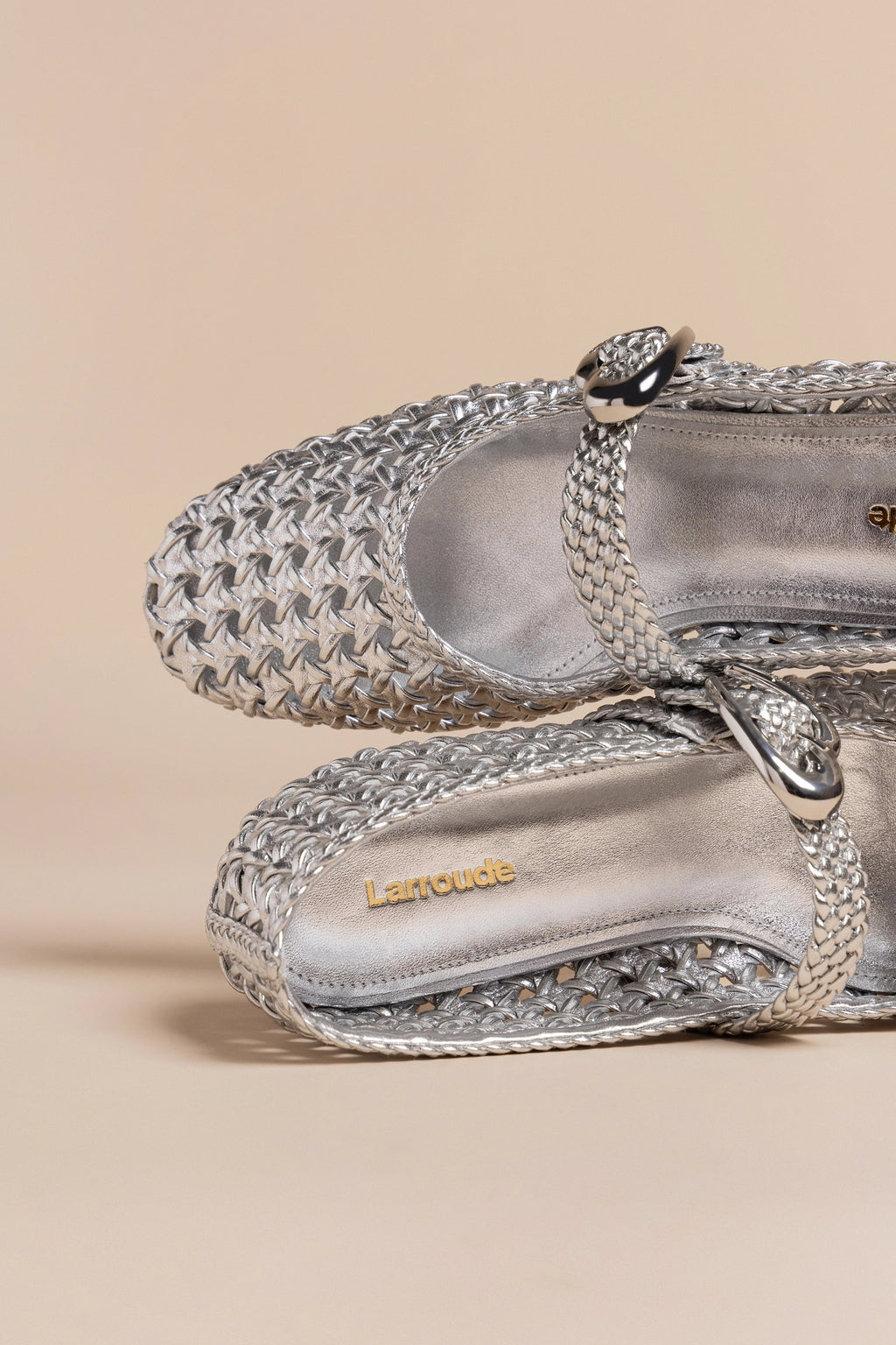 Larroude Verona Macrame Ballet Flat In Silver Metallic Leather