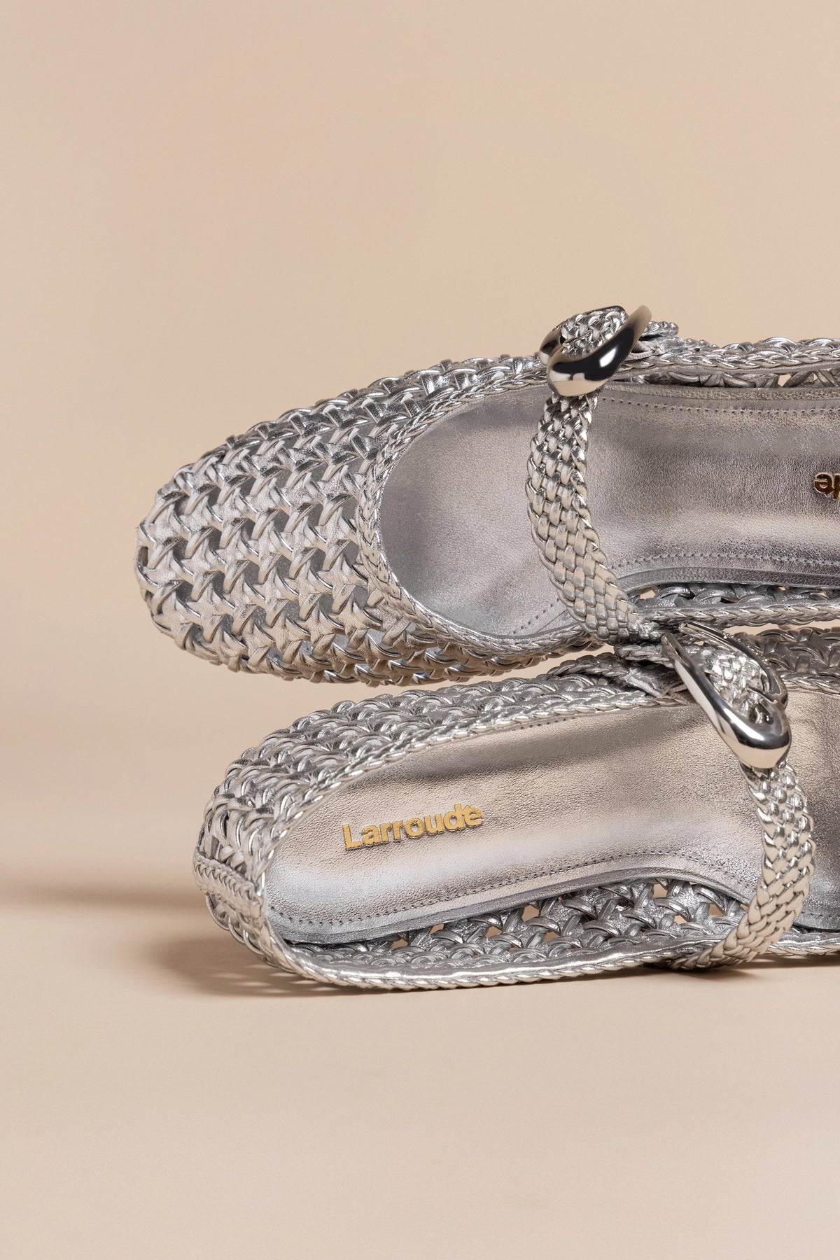Larroude Verona Macrame Ballet Flat In Silver Metallic Leather