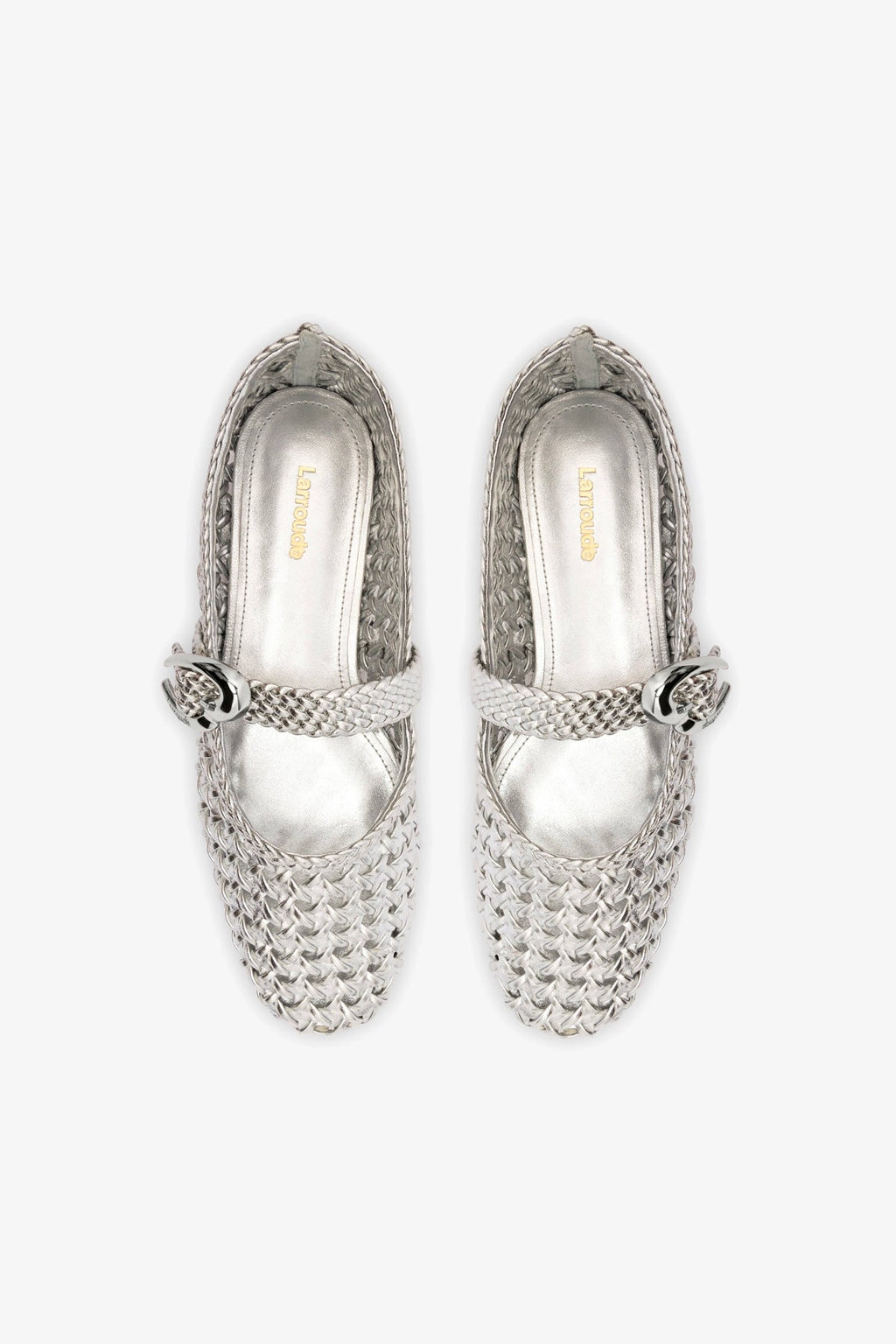 Larroude Verona Macrame Ballet Flat In Silver Metallic Leather