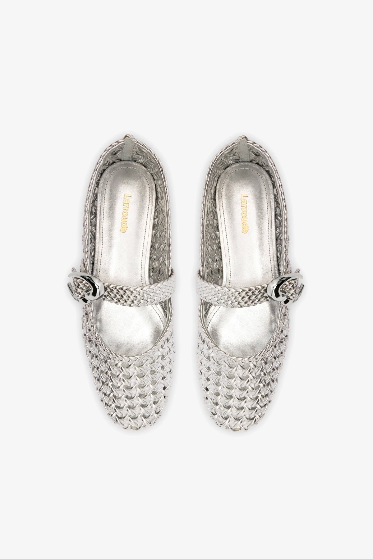 Larroude Verona Macrame Ballet Flat In Silver Metallic Leather