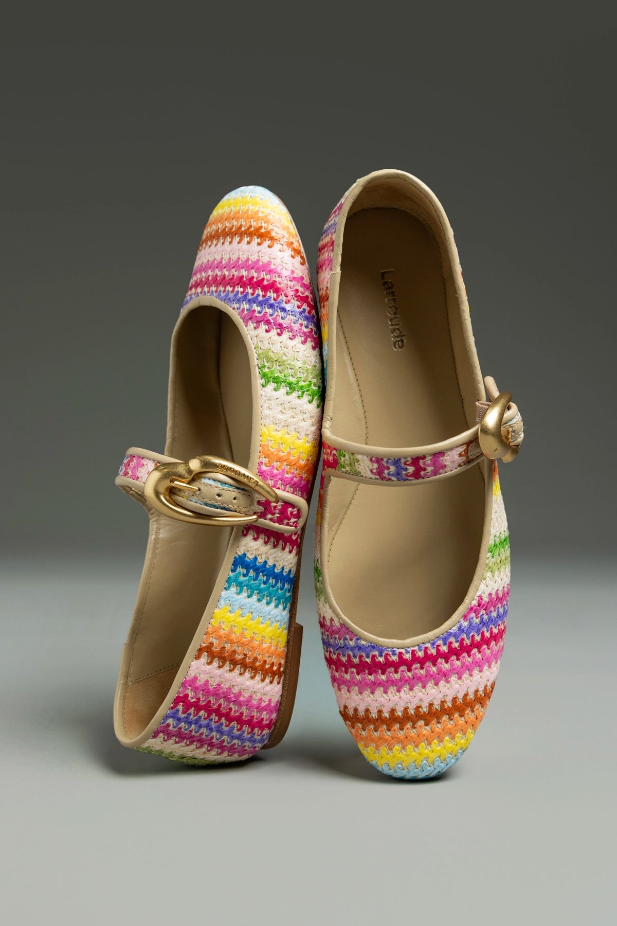 Larroude Verona Ballet Flat In Rainbow Raffia and Beige Leather
