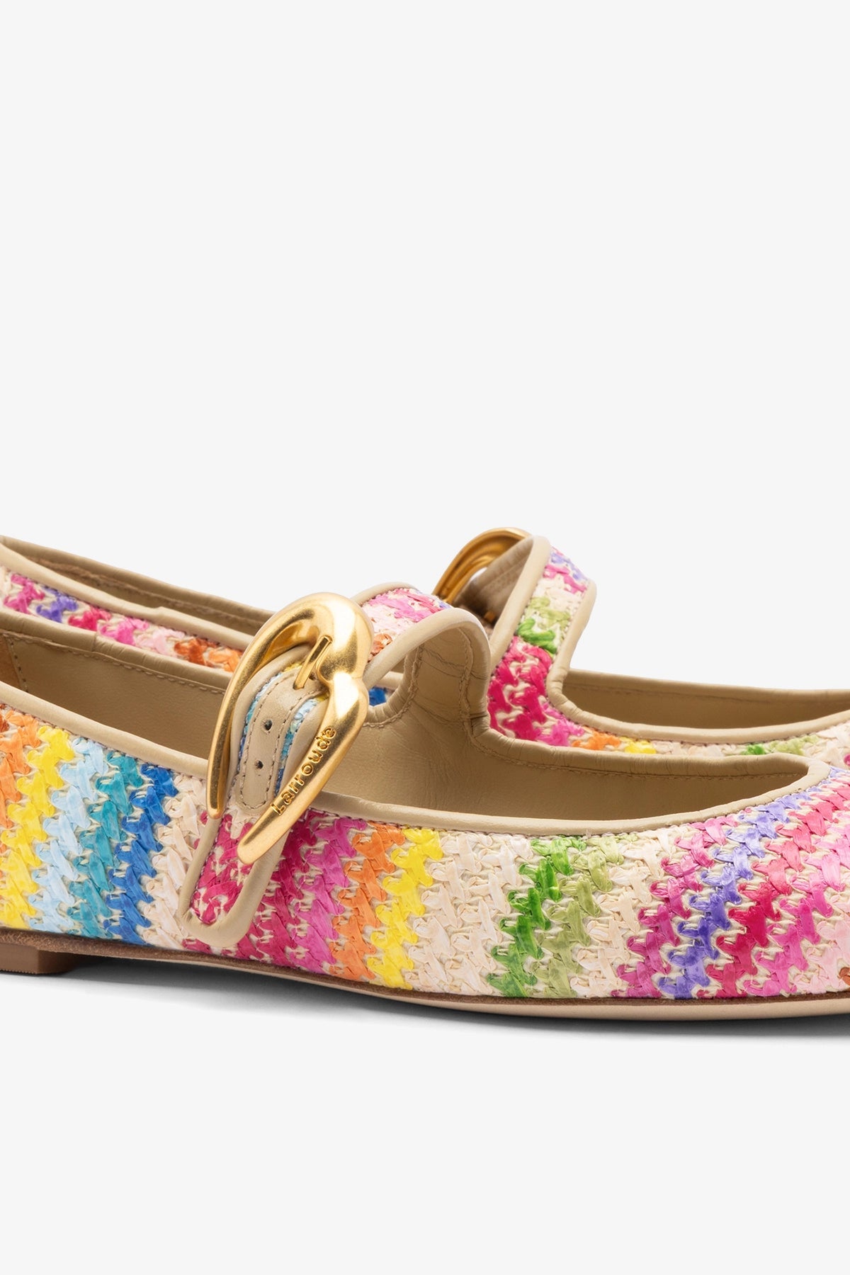 Larroude Verona Ballet Flat In Rainbow Raffia and Beige Leather