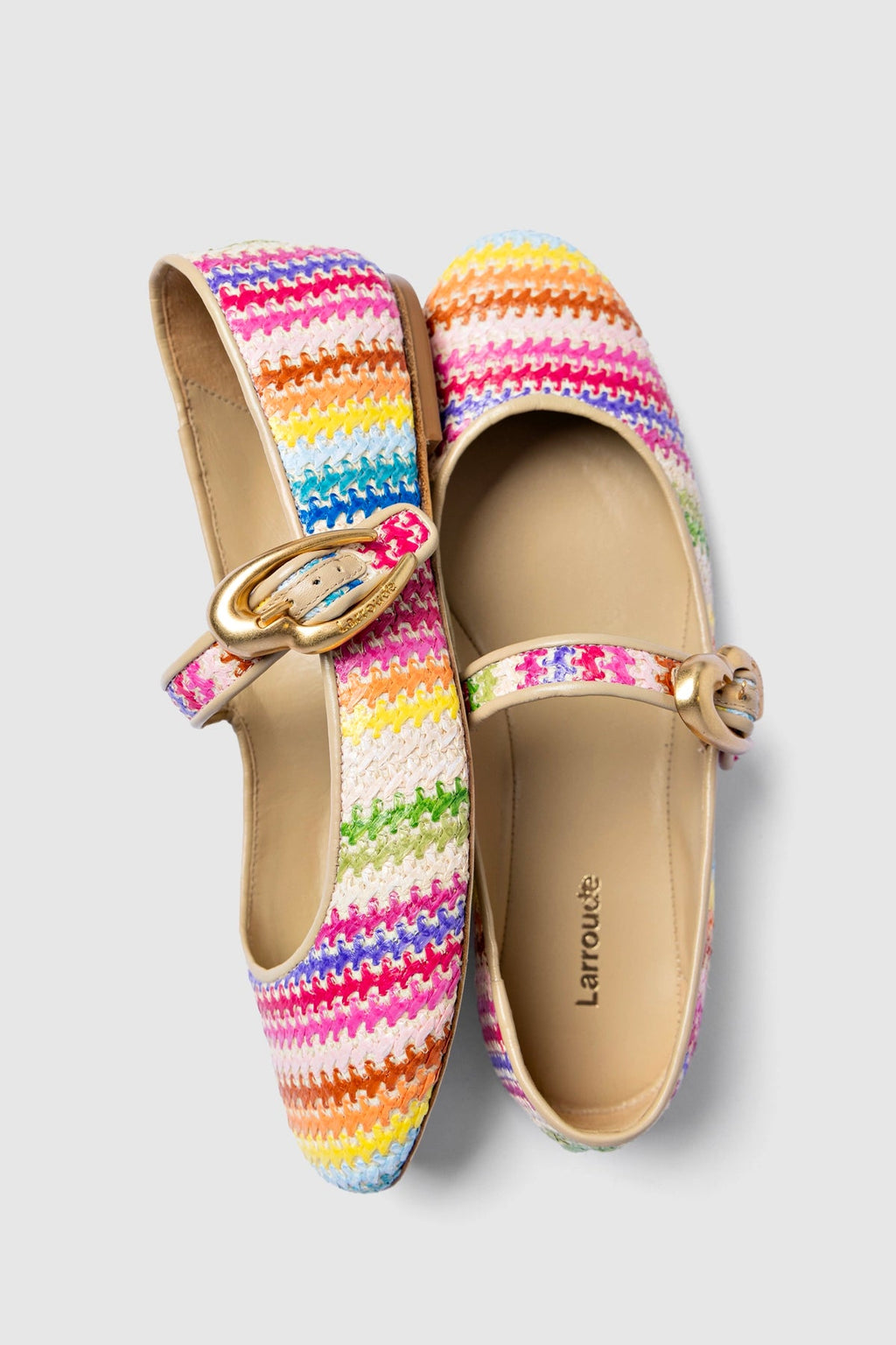 Larroude Verona Ballet Flat In Rainbow Raffia and Beige Leather