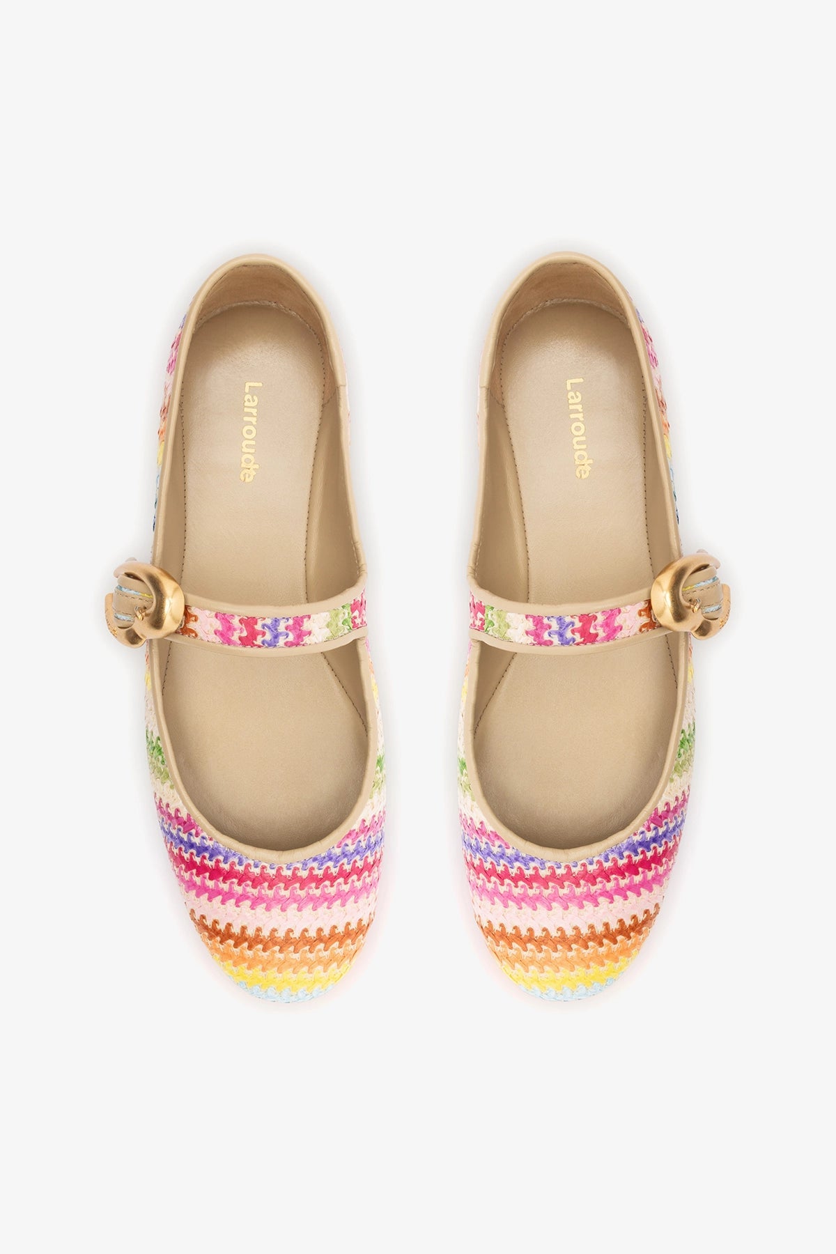 Larroude Verona Ballet Flat In Rainbow Raffia and Beige Leather