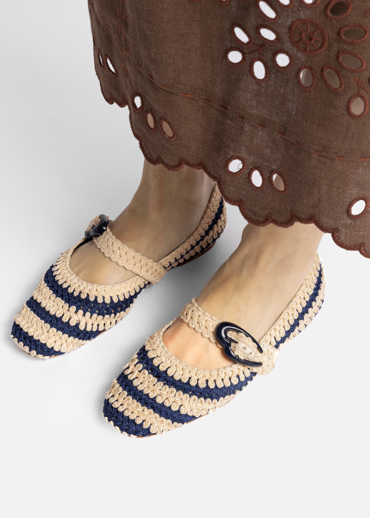 Larroude Verona Crochet Ballet Flat In Navy and Ivory Crochet