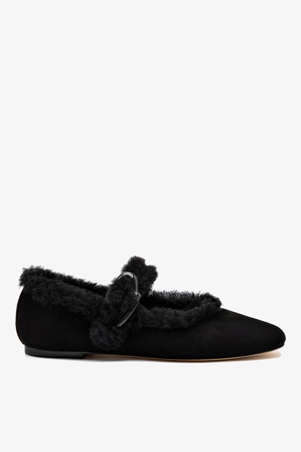 Larroude Verona Ballet Flat In Black Suede And Black Shearling