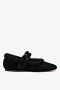Larroude Verona Ballet Flat In Black Suede And Black Shearling