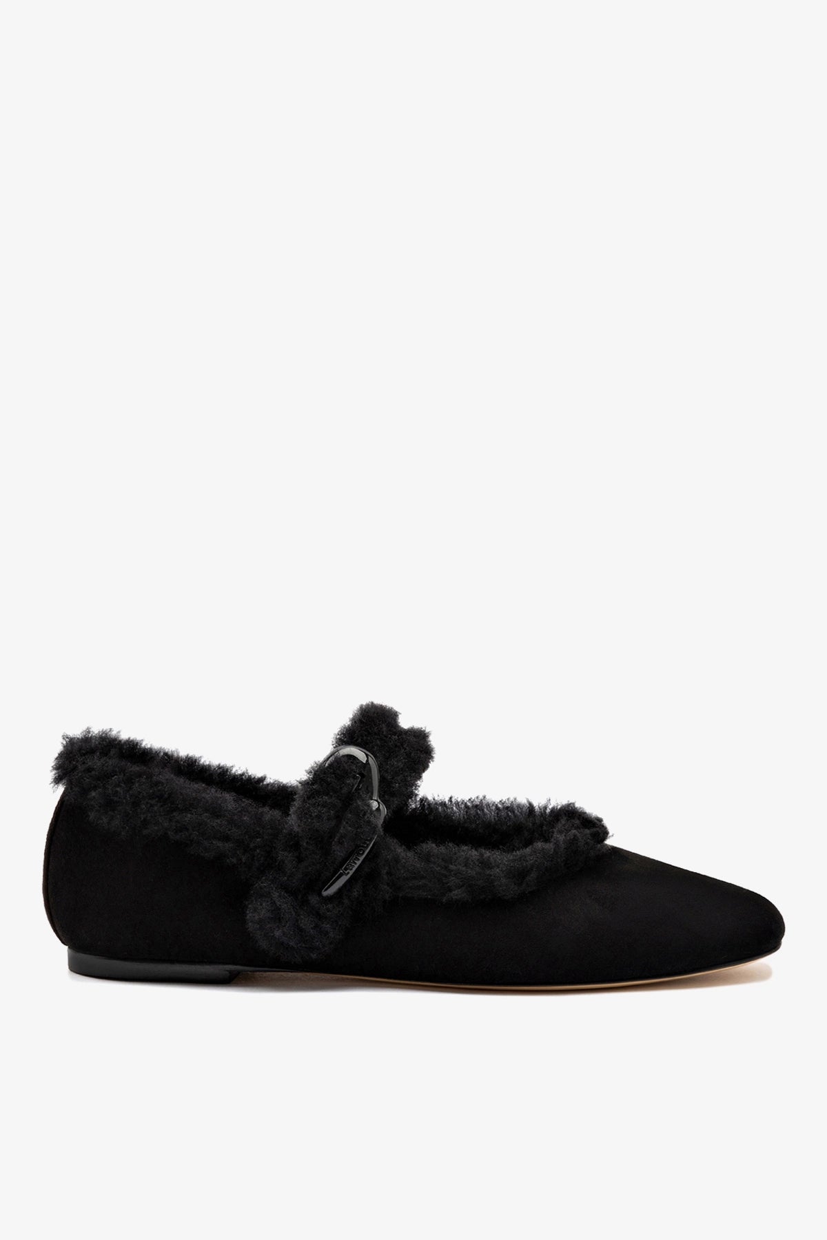 Larroude Verona Ballet Flat In Black Suede And Black Shearling