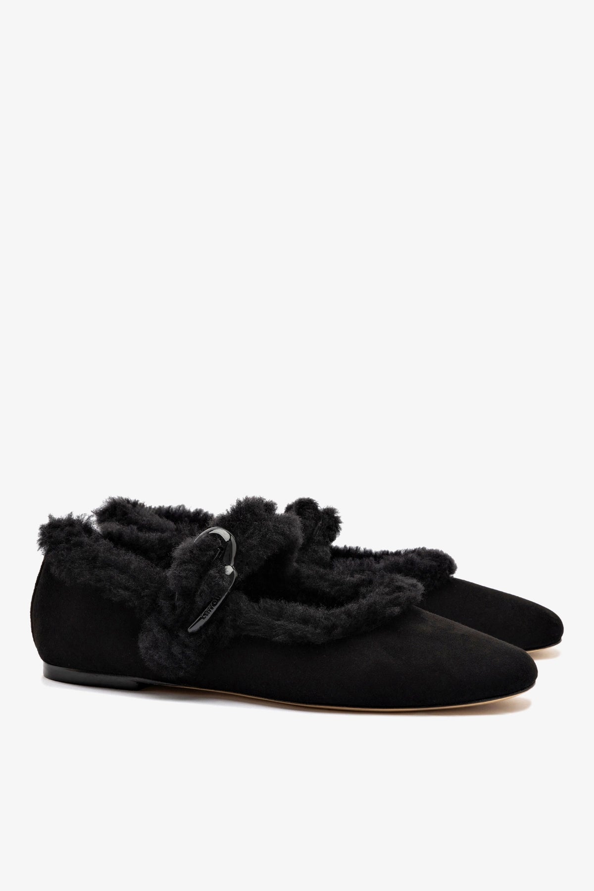 Larroude Verona Ballet Flat In Black Suede And Black Shearling