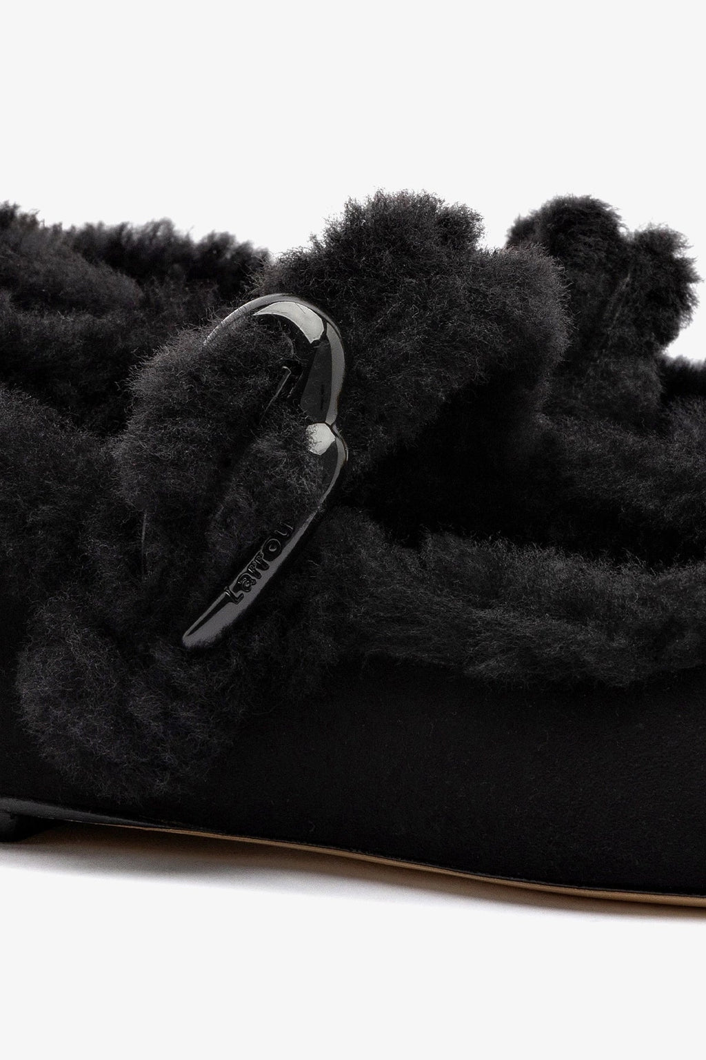 Larroude Verona Ballet Flat In Black Suede And Black Shearling