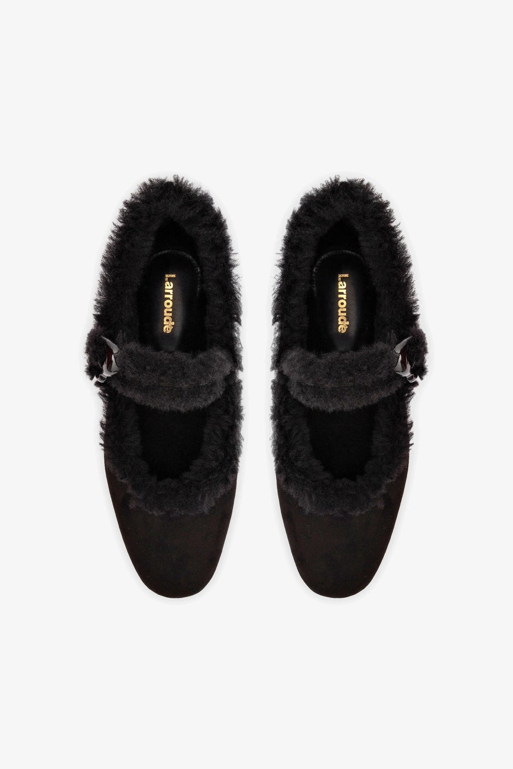 Larroude Verona Ballet Flat In Black Suede And Black Shearling