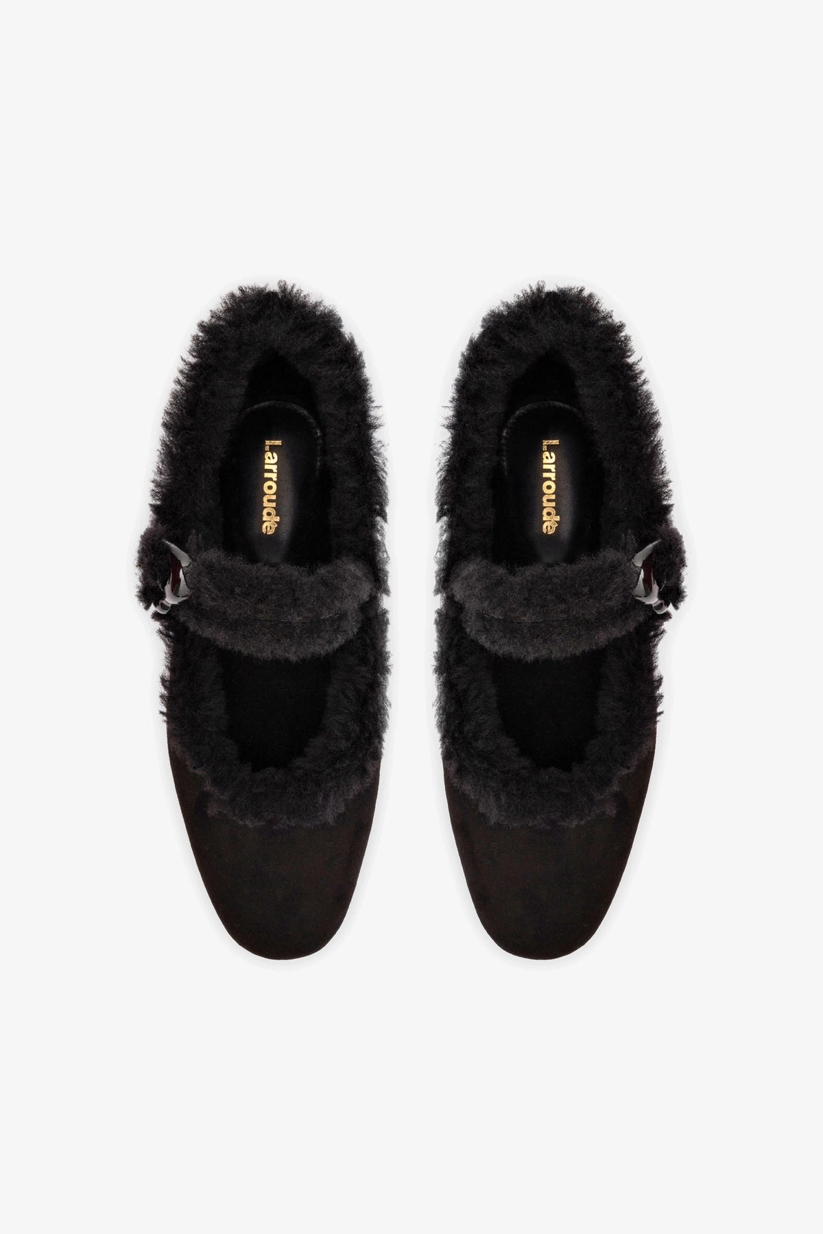 Larroude Verona Ballet Flat In Black Suede And Black Shearling