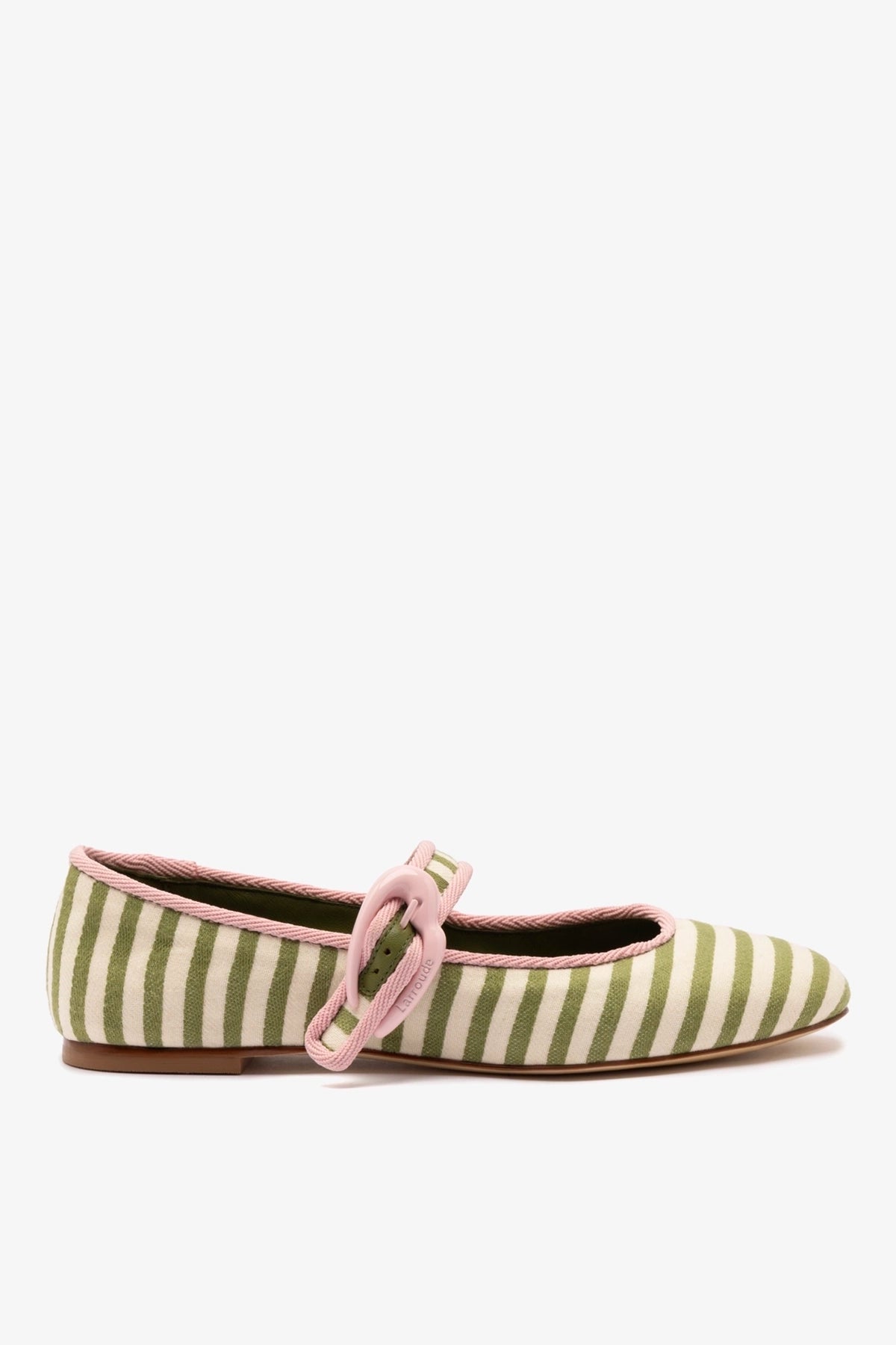 Larroude Verona Ballet Flat In Seaweed and Natural Striped Fabric and Tulip Trimming