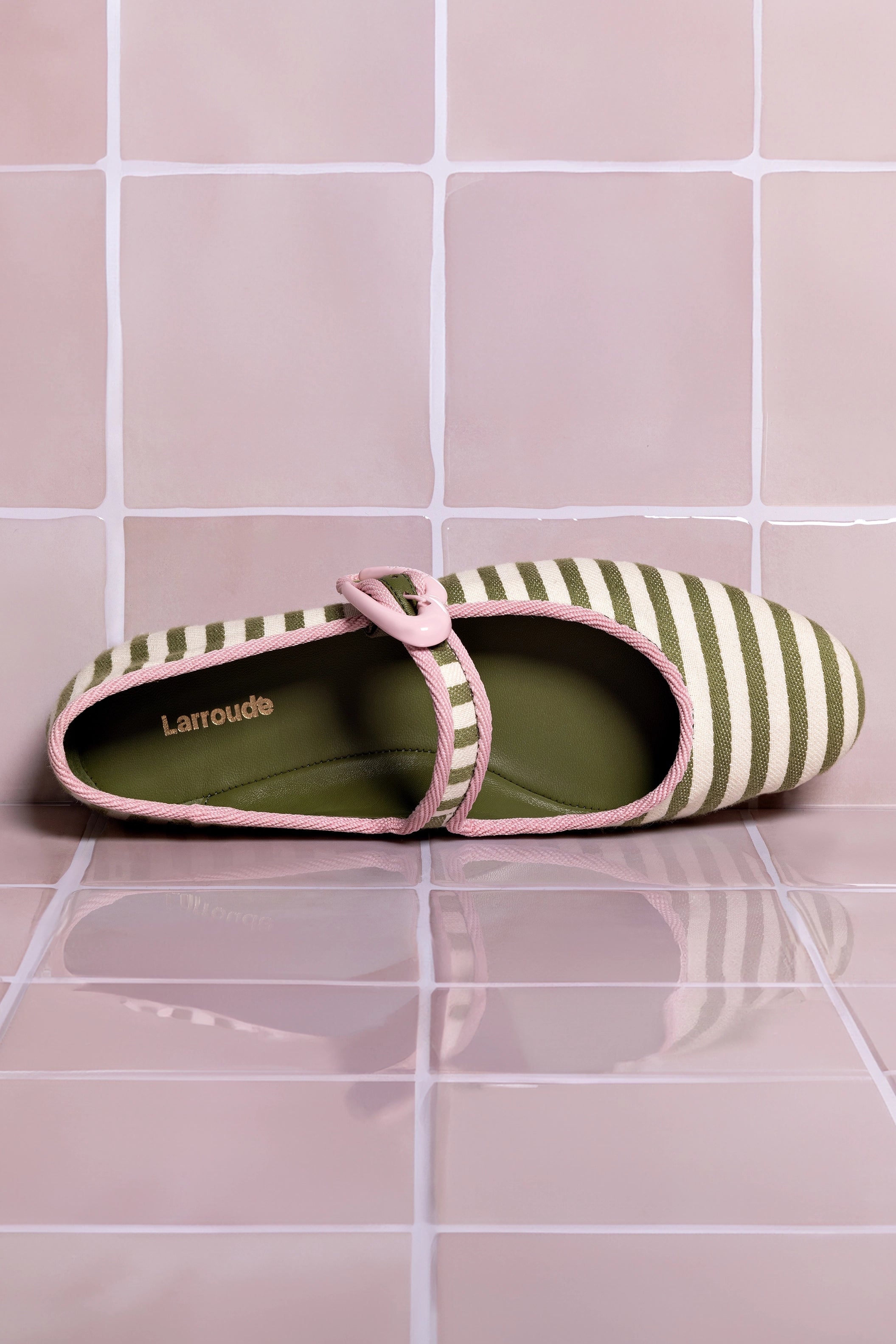 Larroude Verona Ballet Flat In Seaweed and Natural Striped Fabric and Tulip Trimming