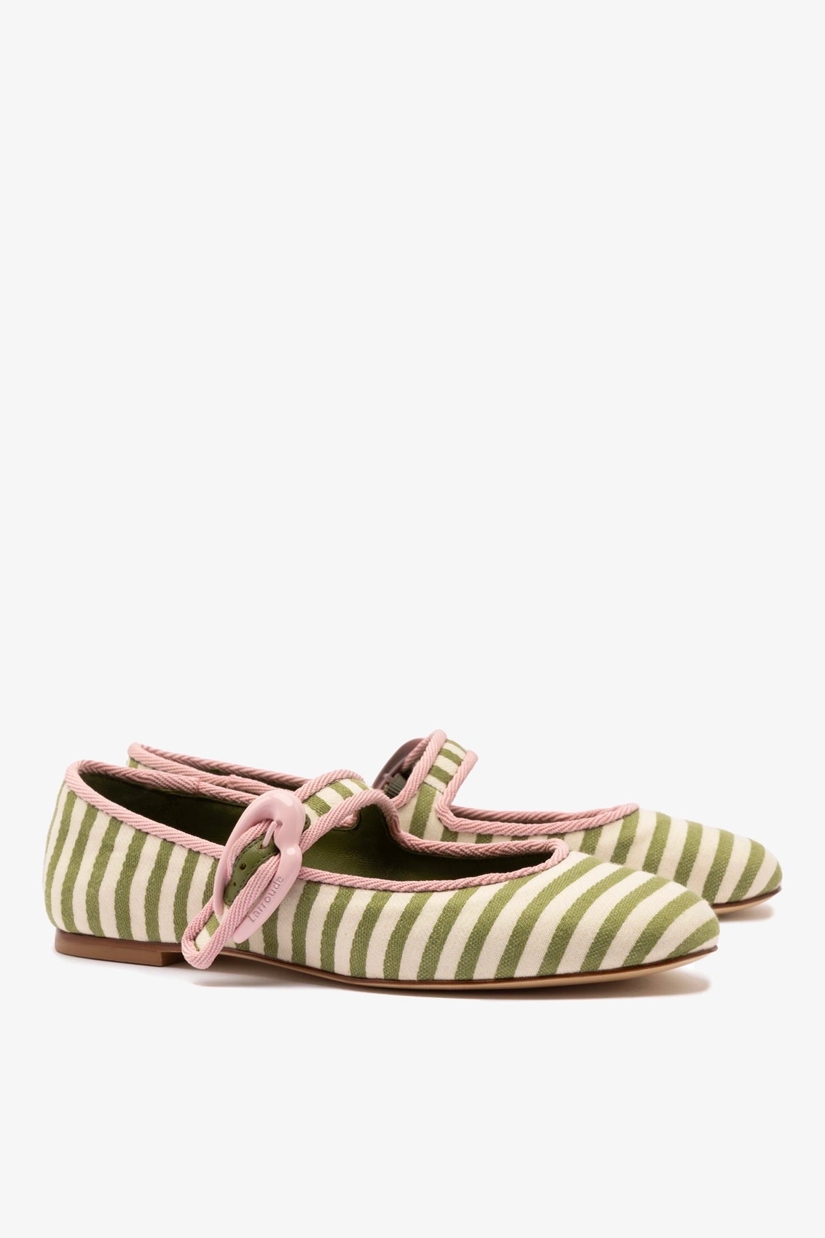 Larroude Verona Ballet Flat In Seaweed and Natural Striped Fabric and Tulip Trimming