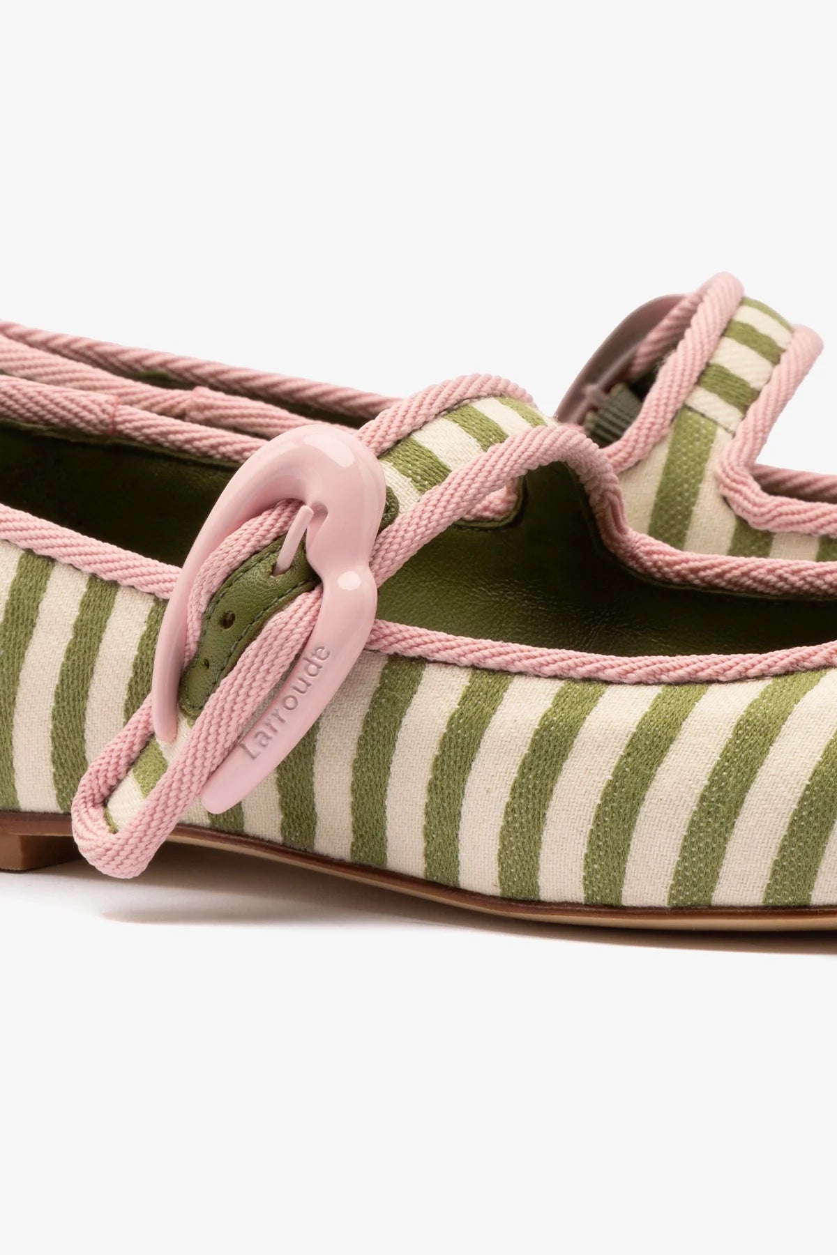 Larroude Verona Ballet Flat In Seaweed and Natural Striped Fabric and Tulip Trimming